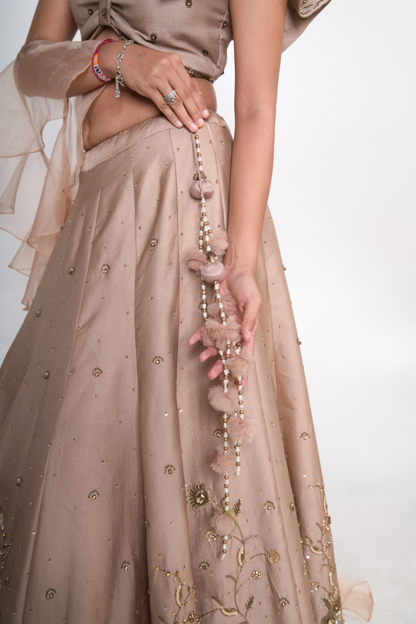 Gold lehenga set with ruffle organza dupatta