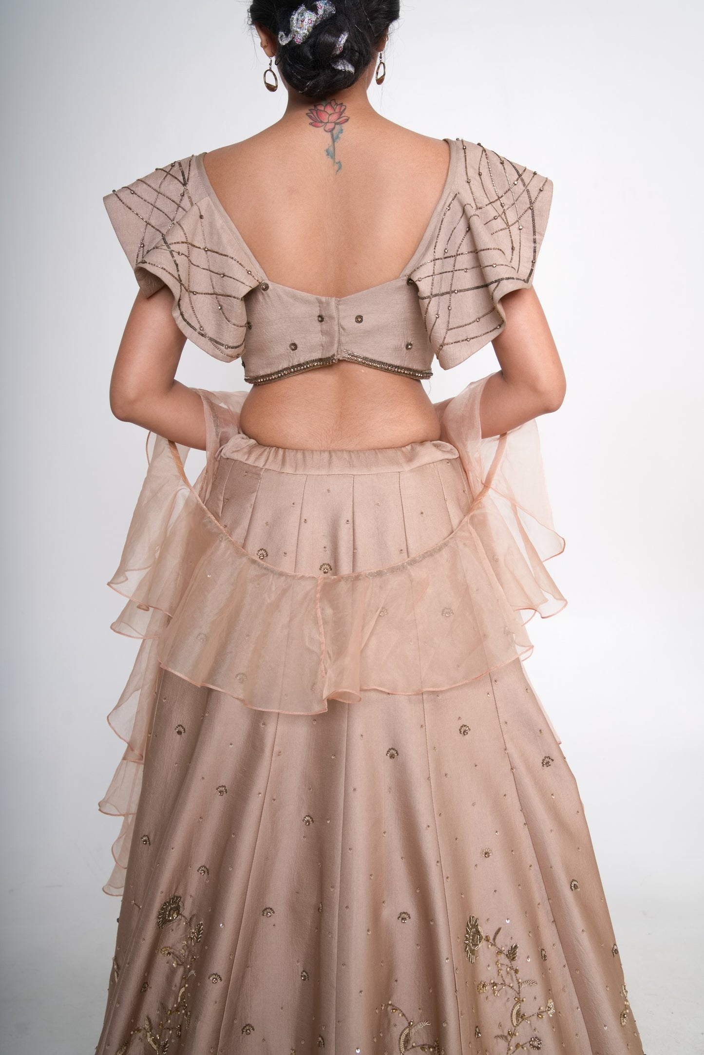 Gold lehenga set with ruffle organza dupatta