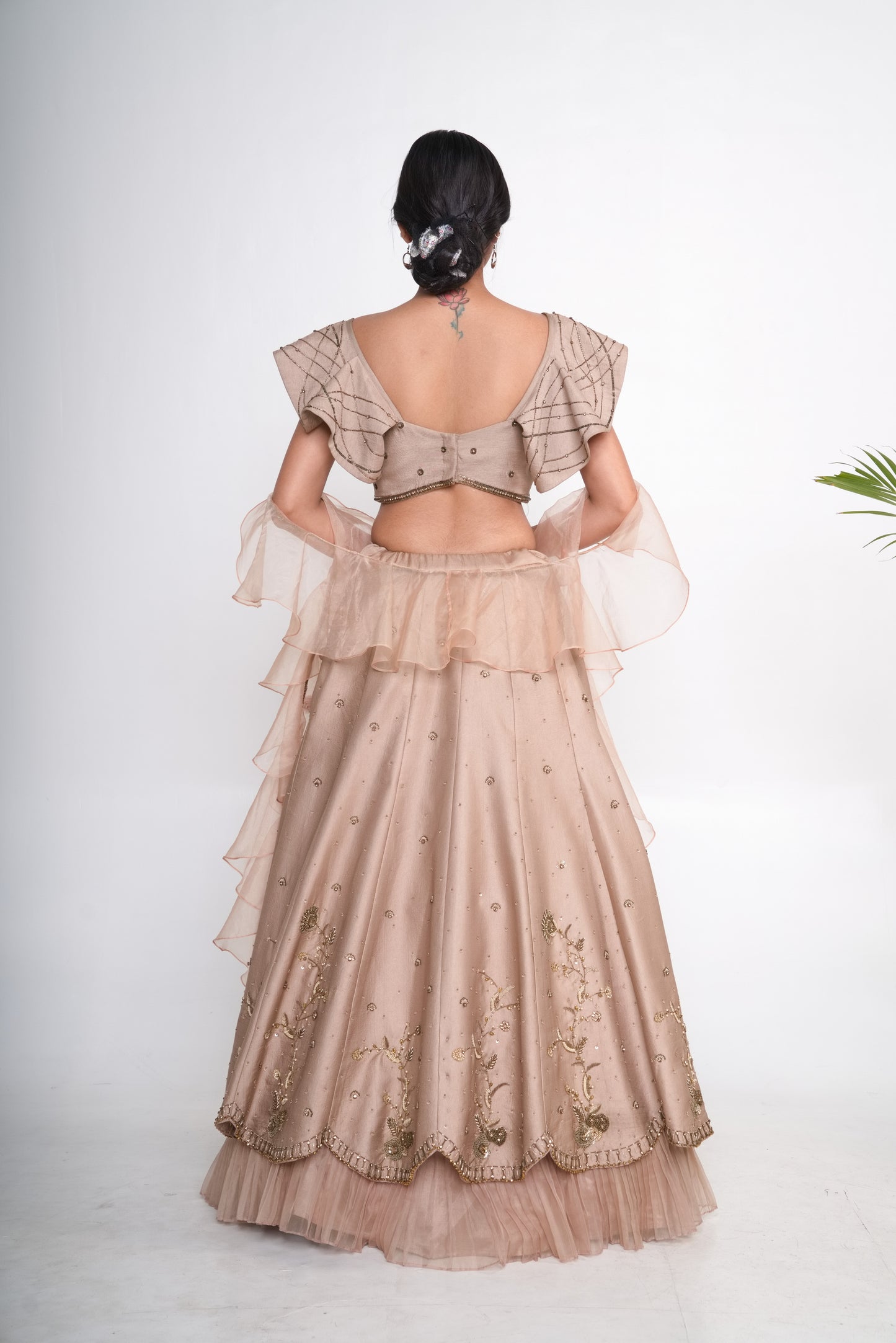 Gold lehenga set with ruffle organza dupatta