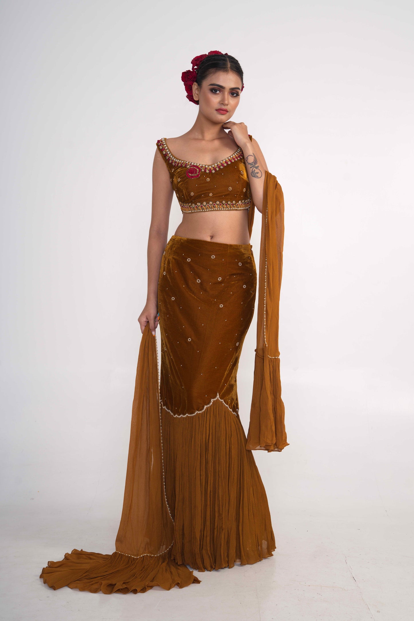 Ochre Velvet skirt Set