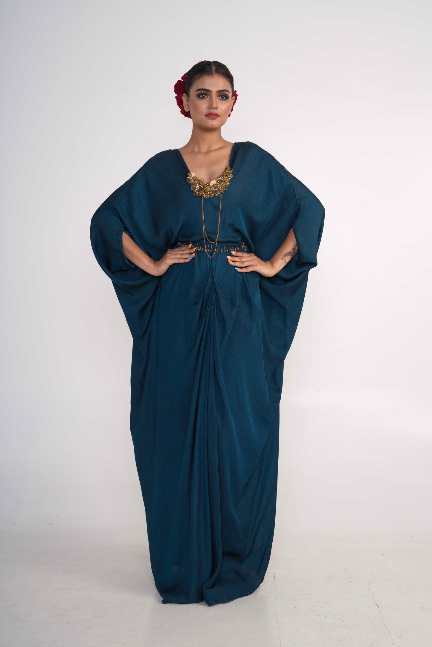 Teal Blue Kaftan With Belt