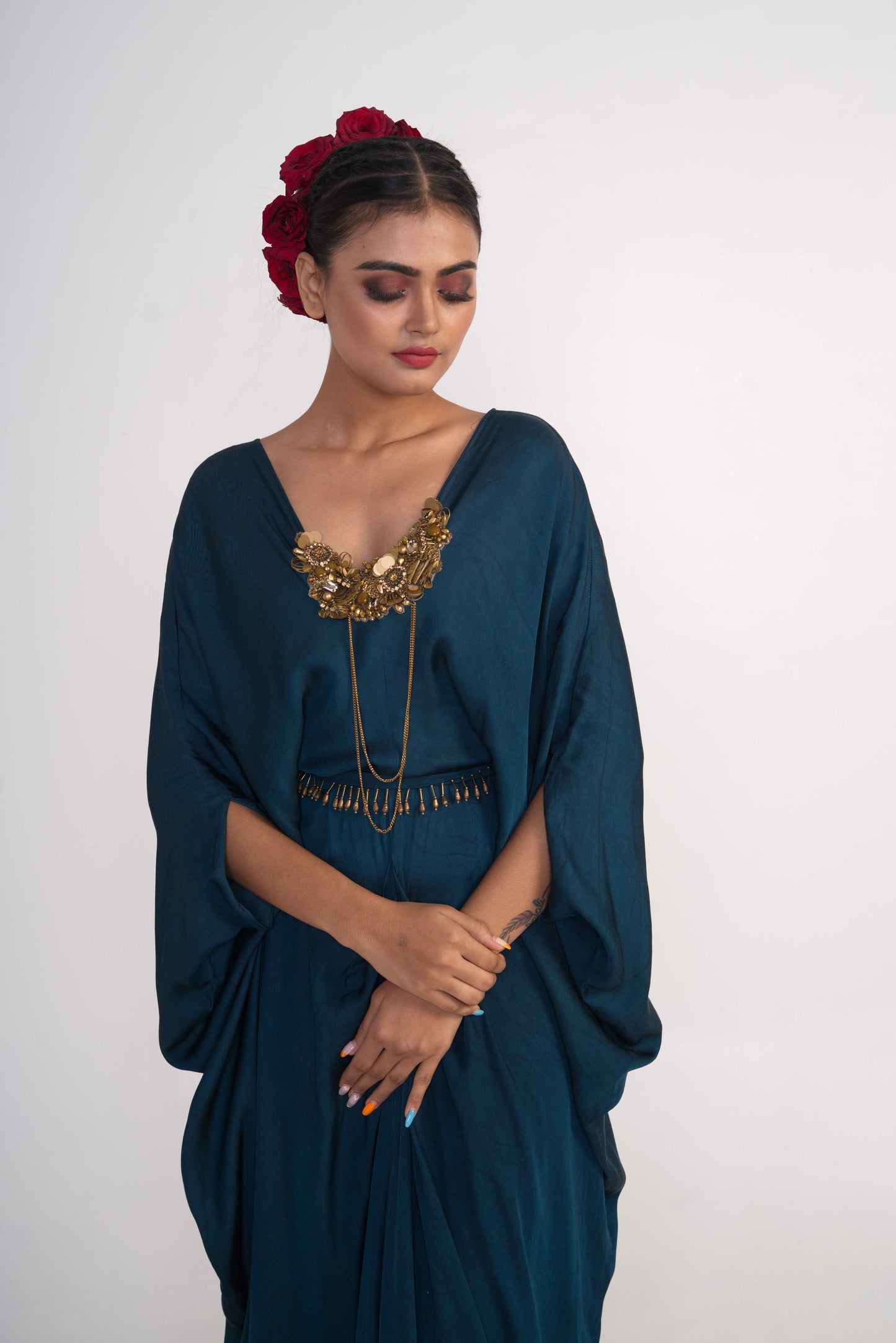 Teal Blue Kaftan With Belt