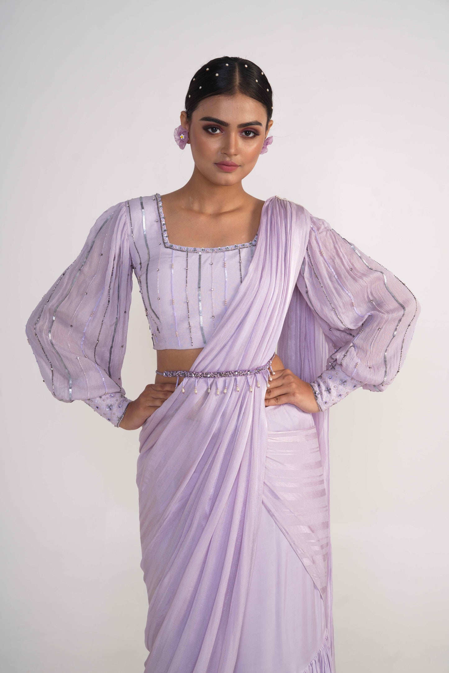 Lavender Draped Saree with Belt