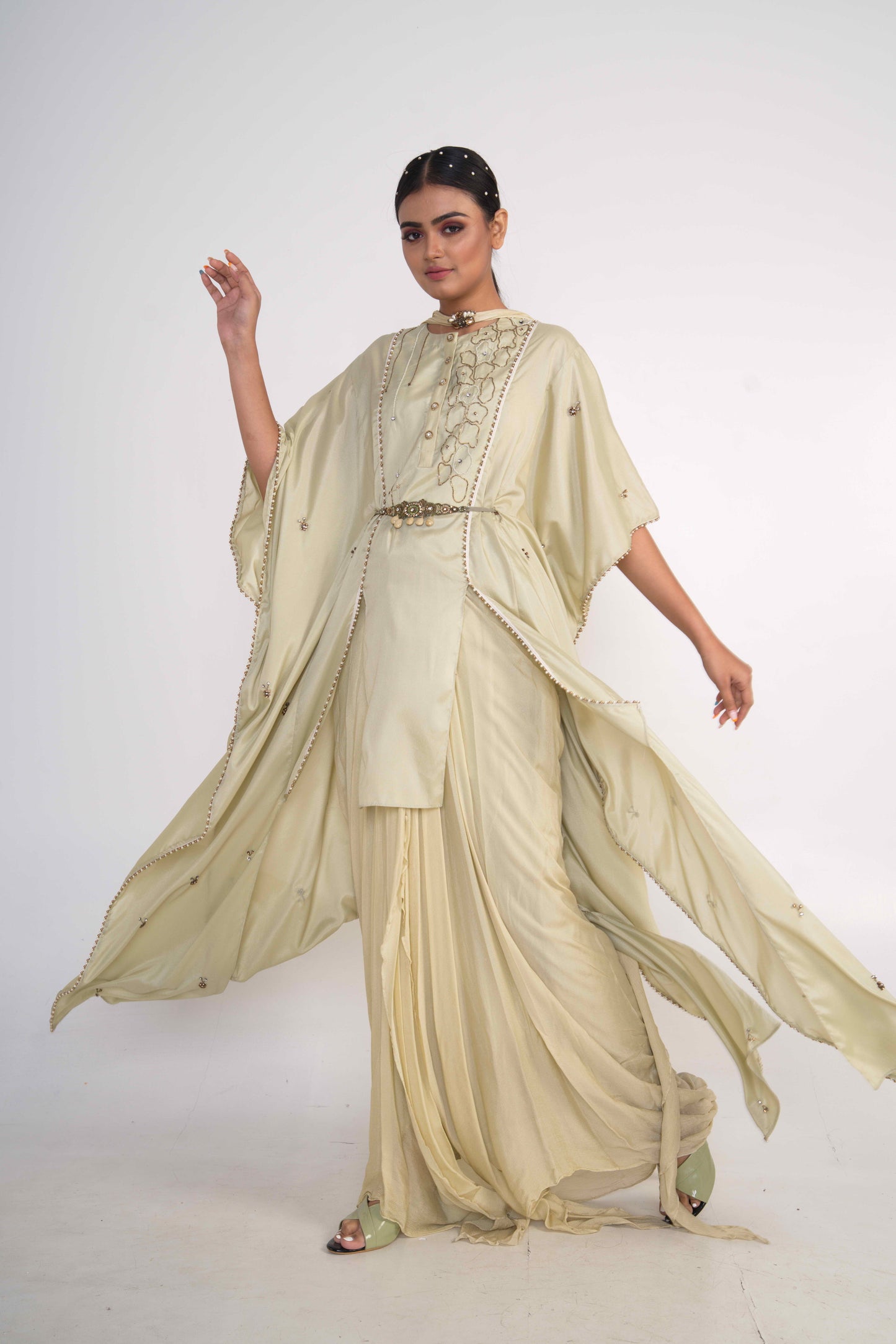 Sage Green Suit Set With Belt and draped bottom