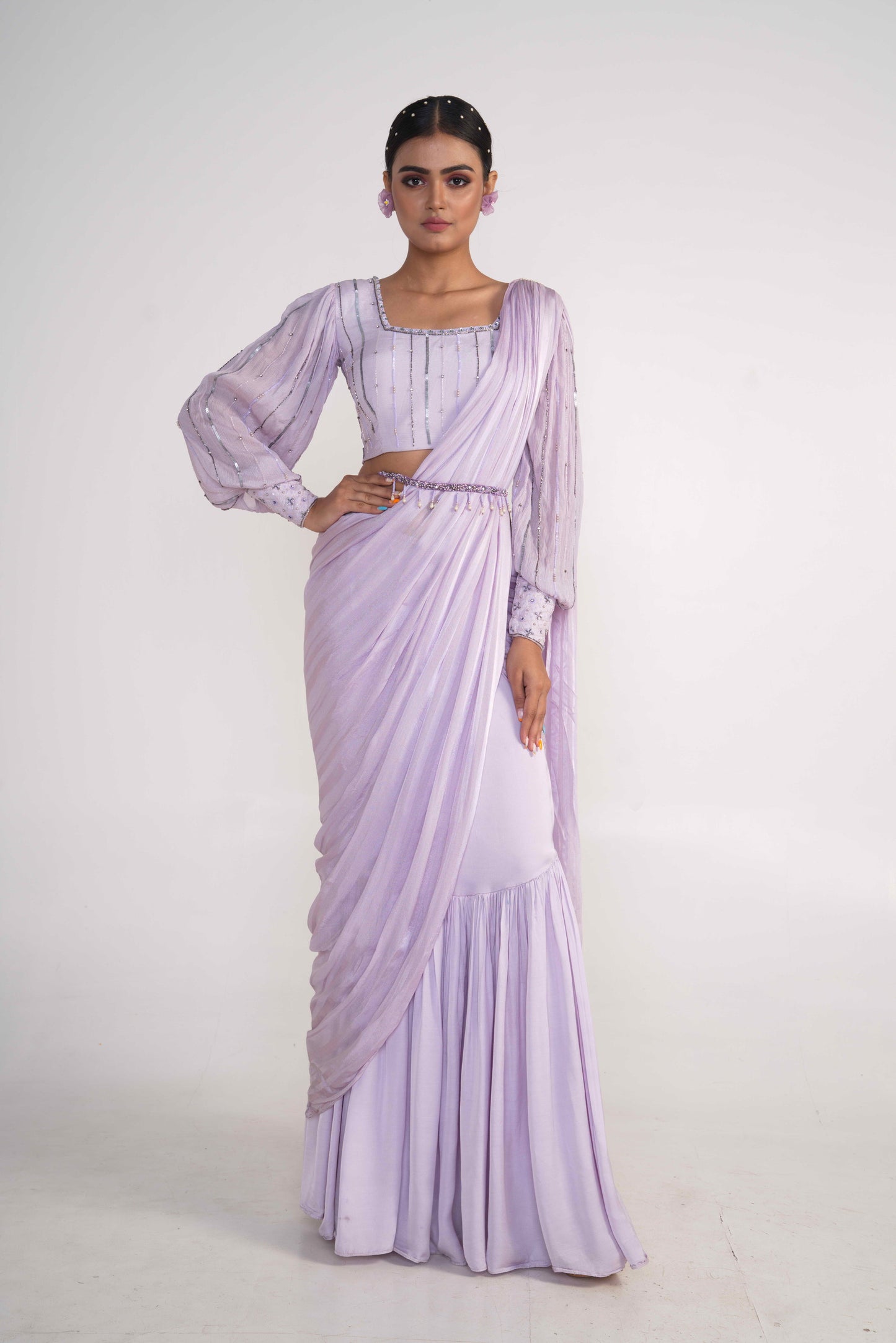 Lavender Draped Saree with Belt