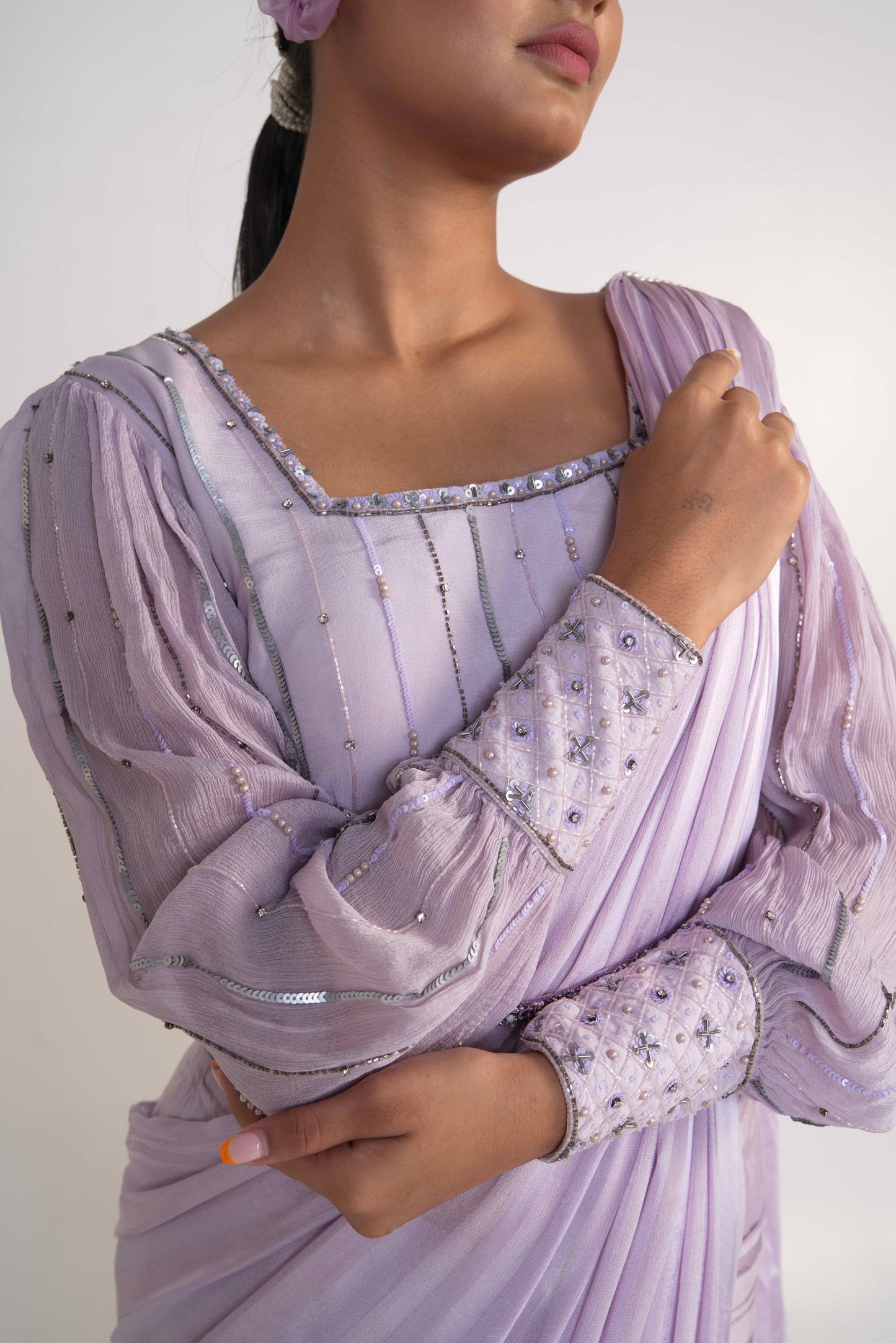 Lavender Draped Saree with Belt
