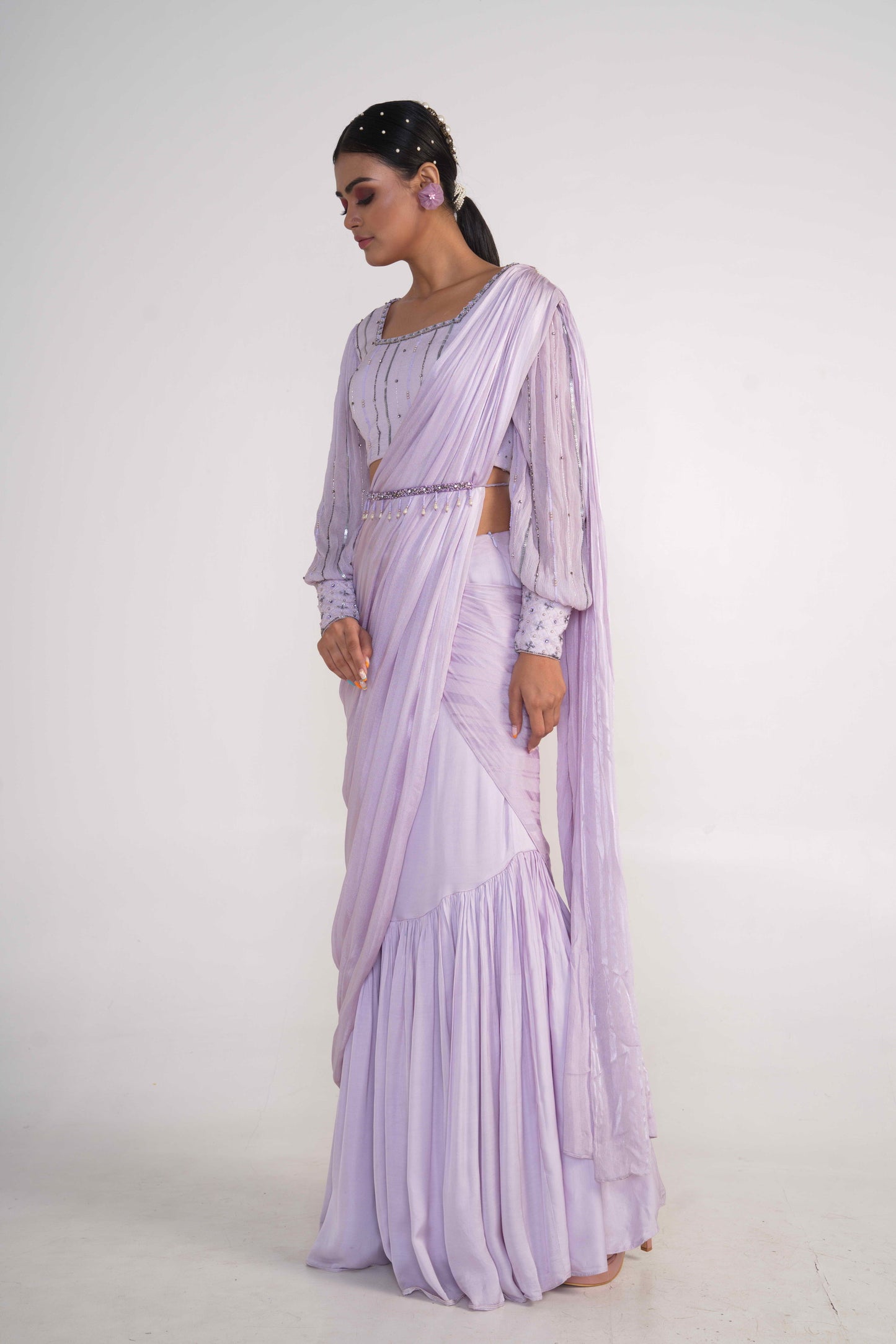 Lavender Draped Saree with Belt