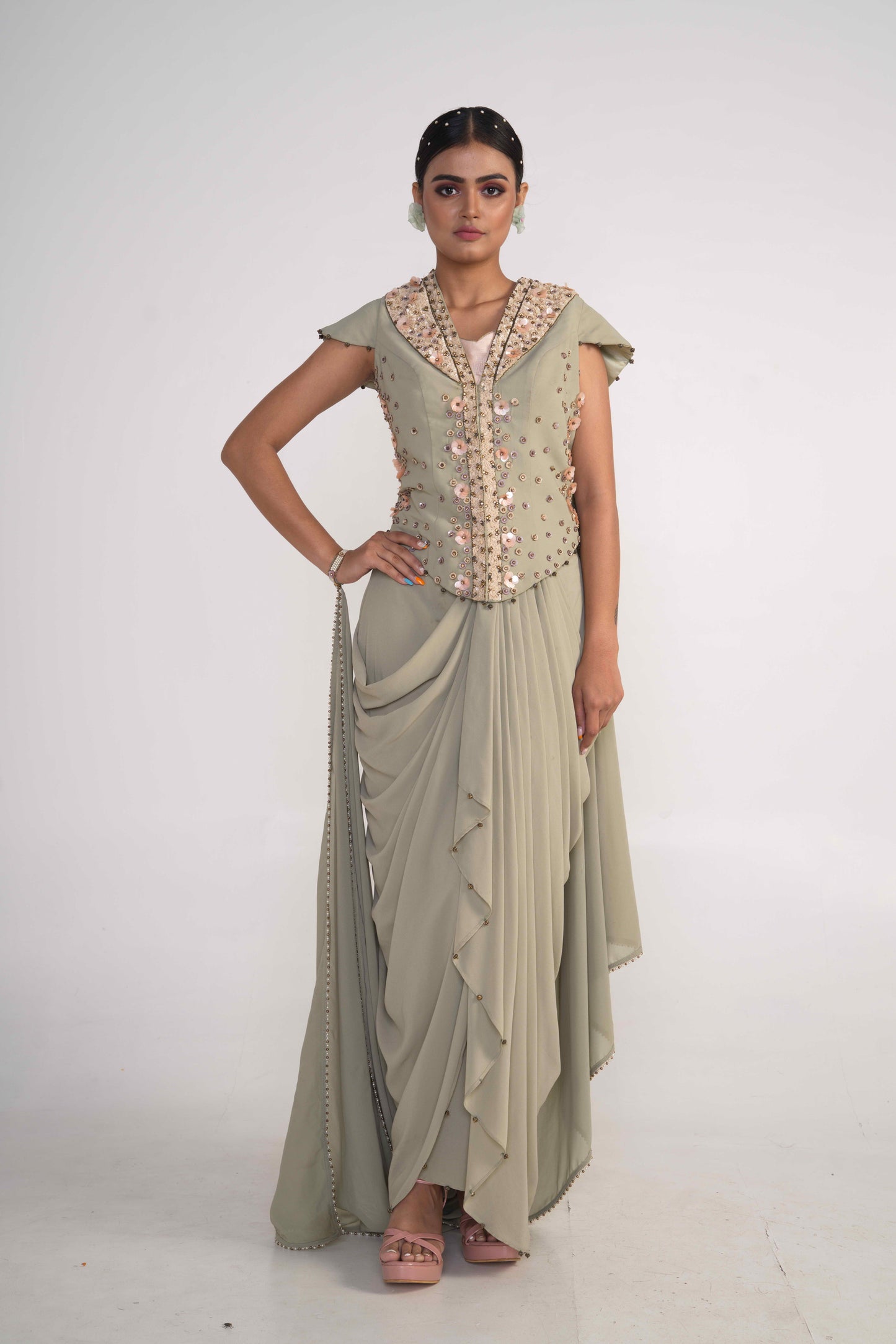 Moss Green Draped jacket set