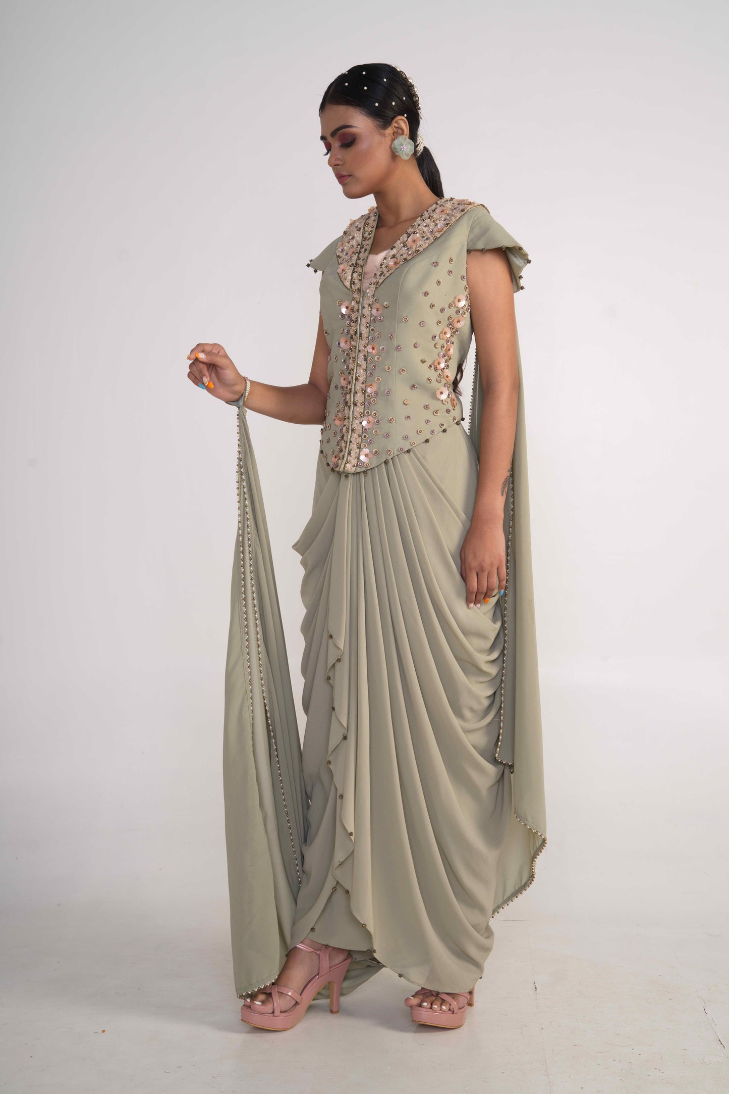 Moss Green Draped jacket set