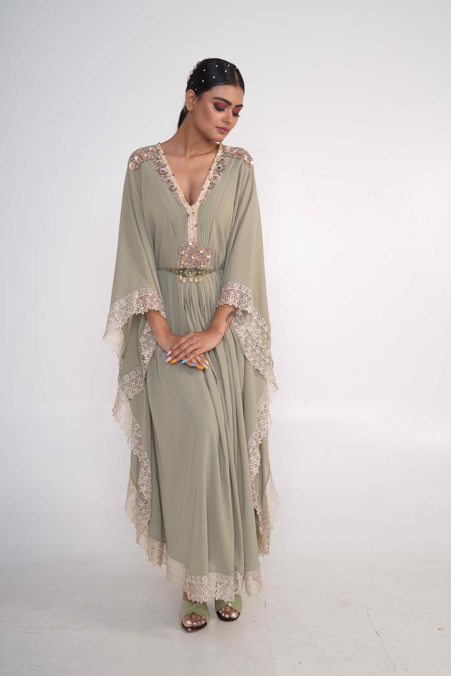 Sage Green Kaftaan With Belt