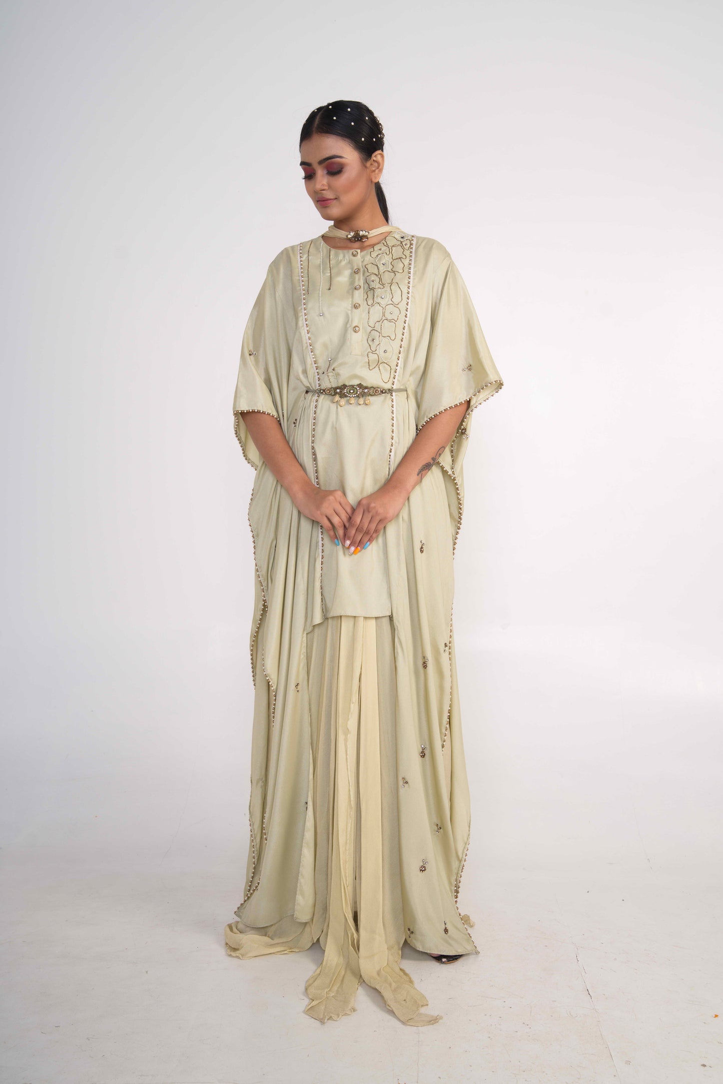 Sage Green Suit Set With Belt and draped bottom