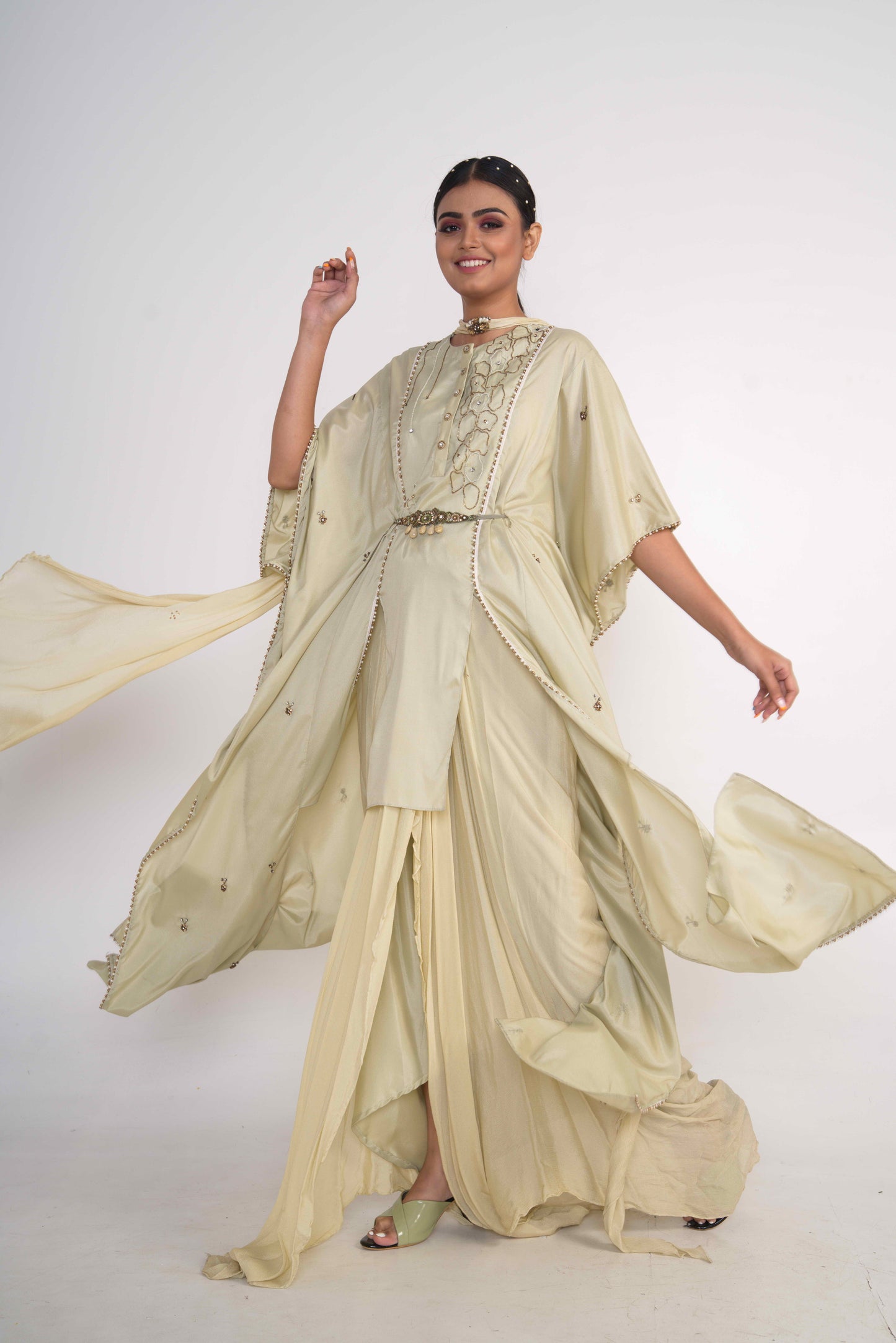 Sage Green Suit Set With Belt and draped bottom