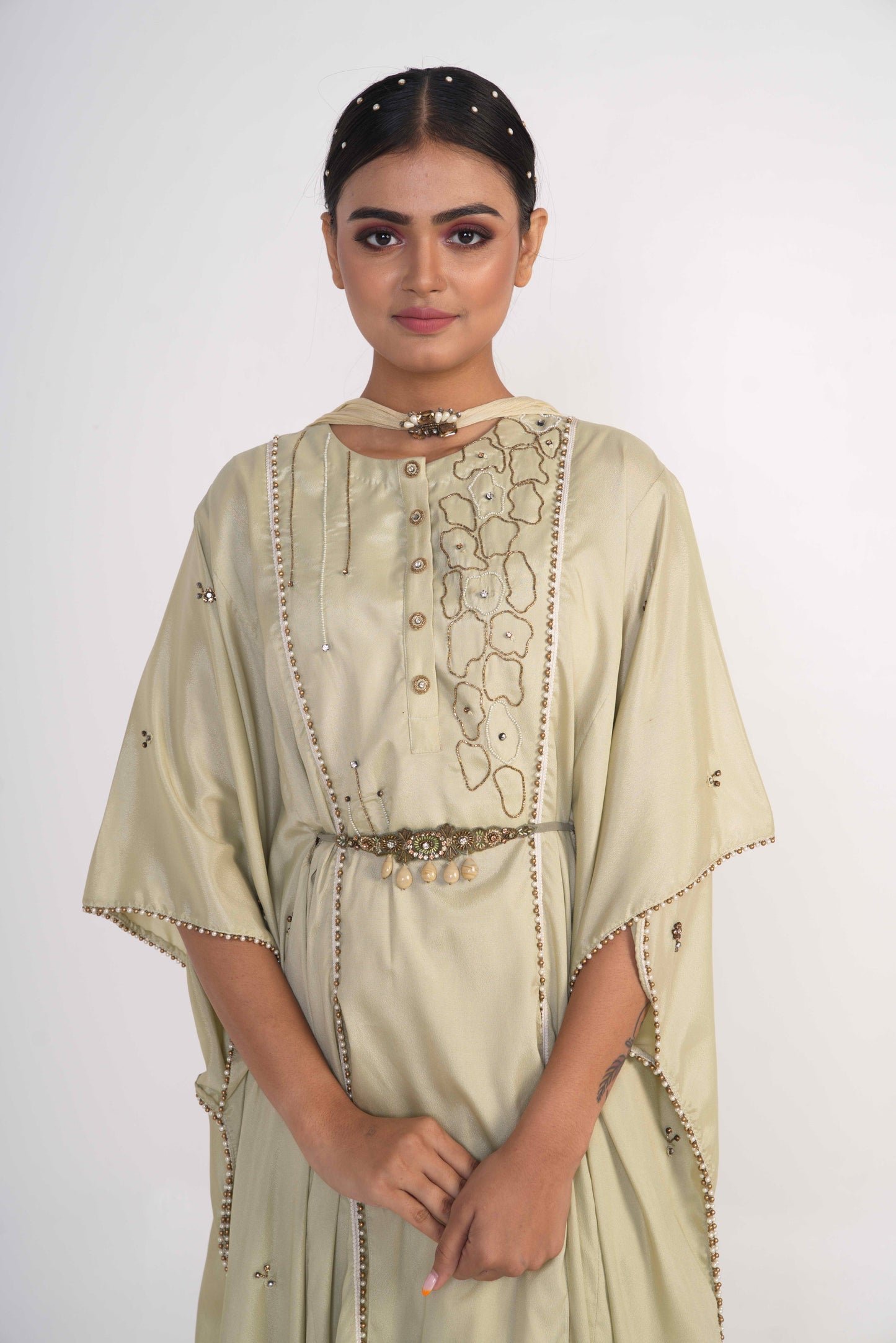 Sage Green Suit Set With Belt and draped bottom