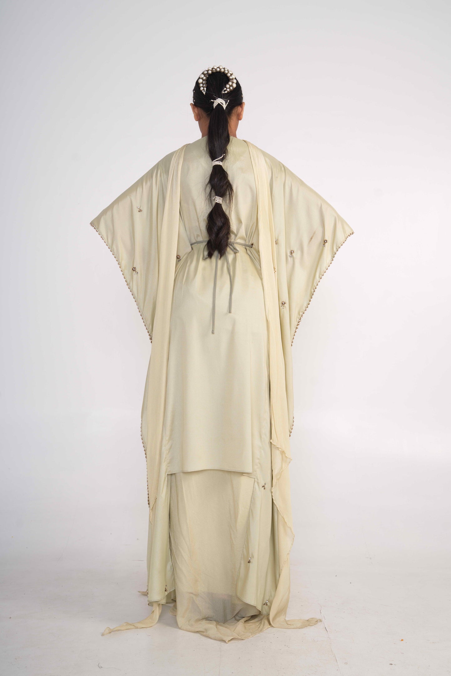 Sage Green Suit Set With Belt and draped bottom