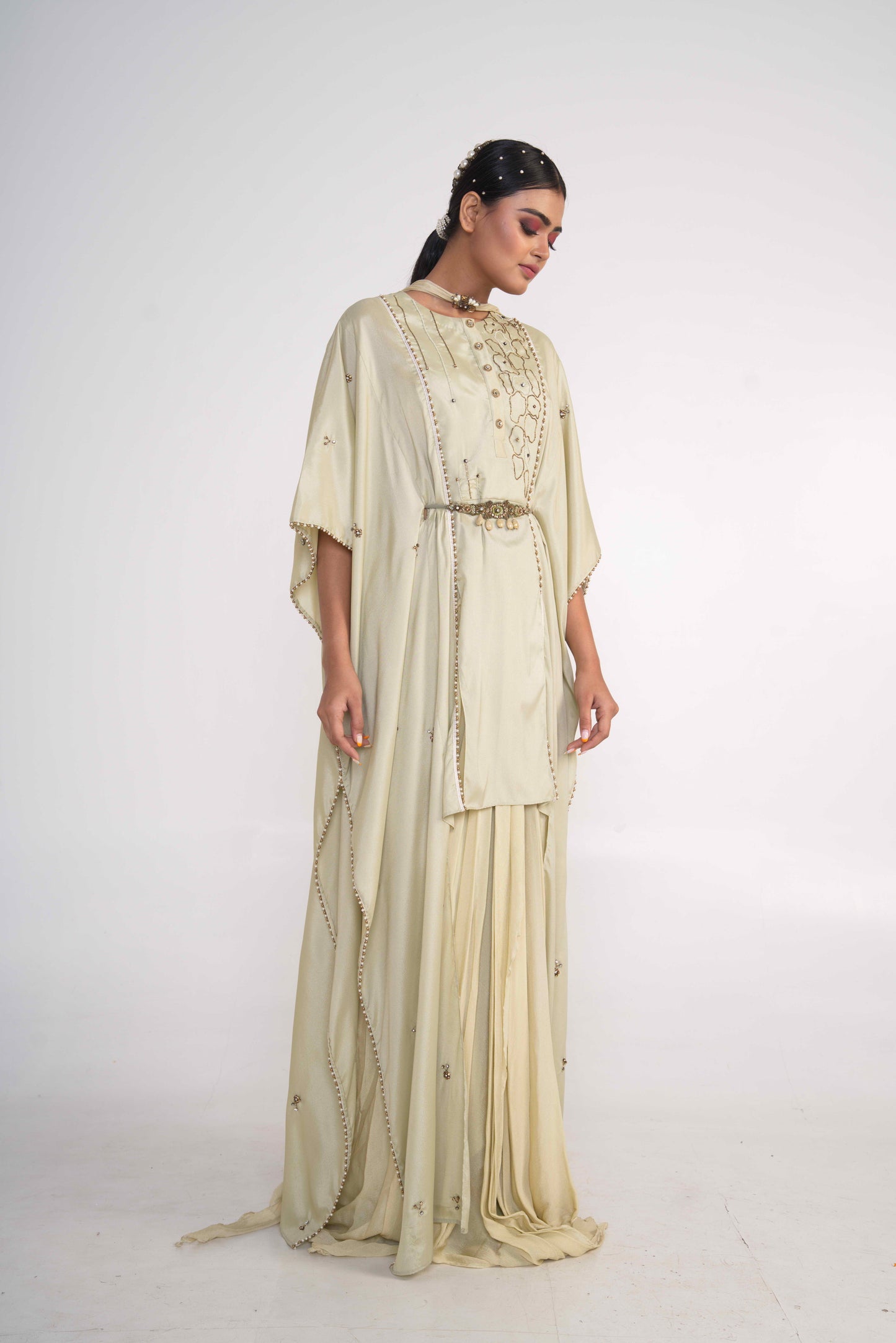 Sage Green Suit Set With Belt and draped bottom