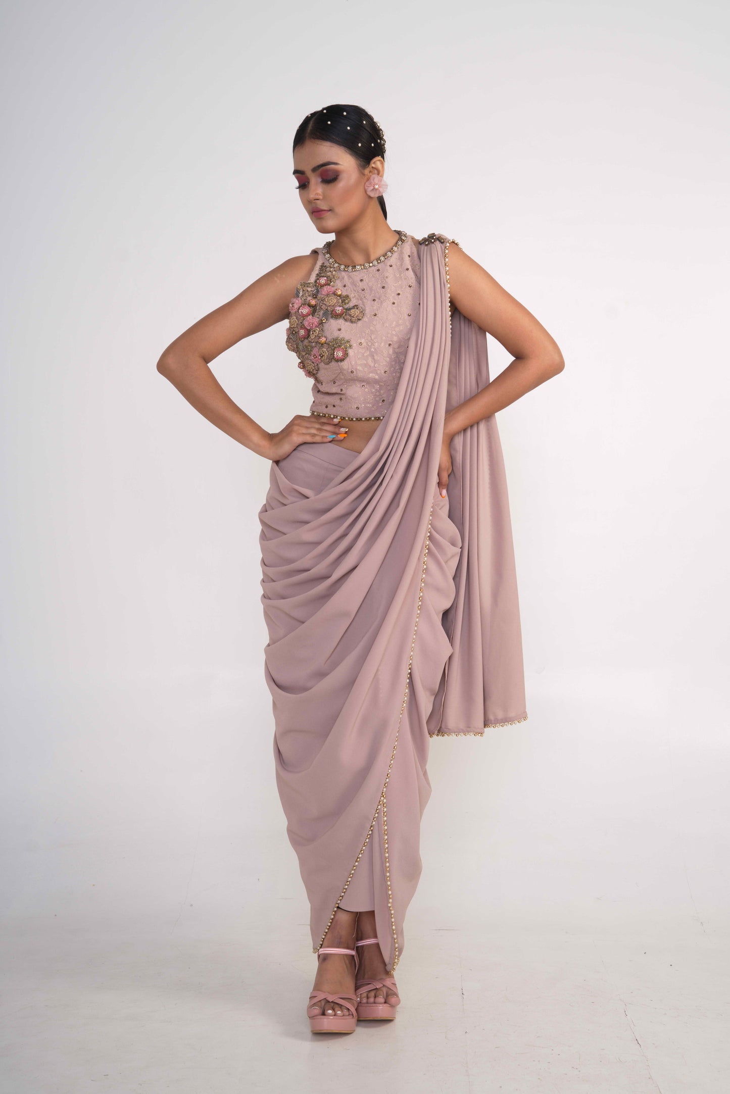 Oyster pre-Drape saree with halter blouse set