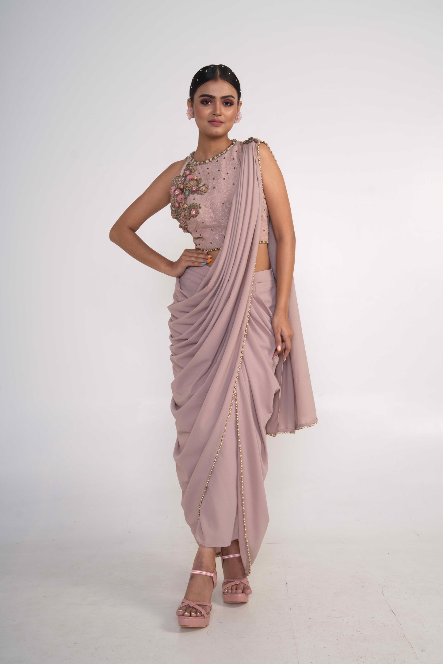 Oyster pre-Drape saree with halter blouse set