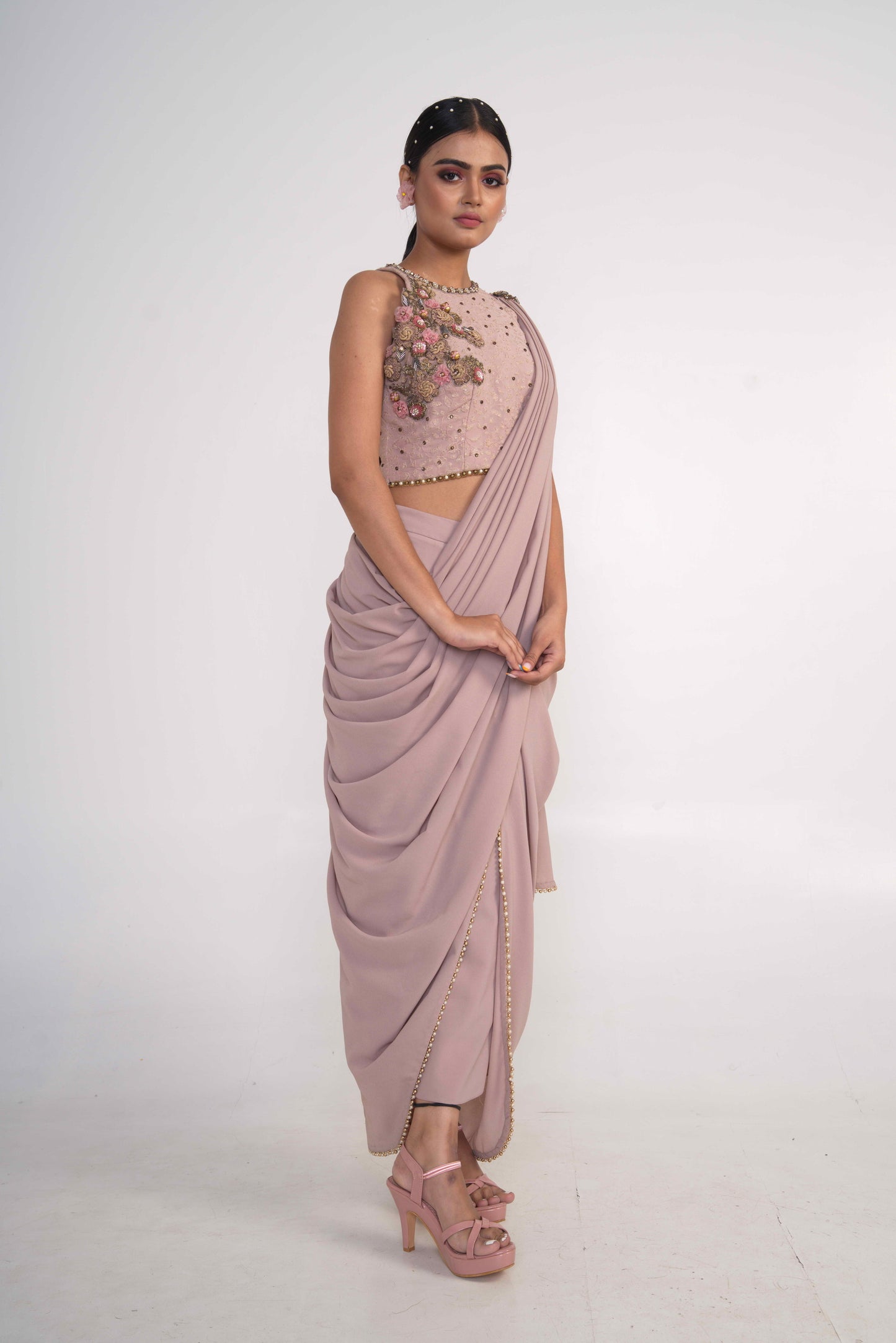 Oyster pre-Drape saree with halter blouse set
