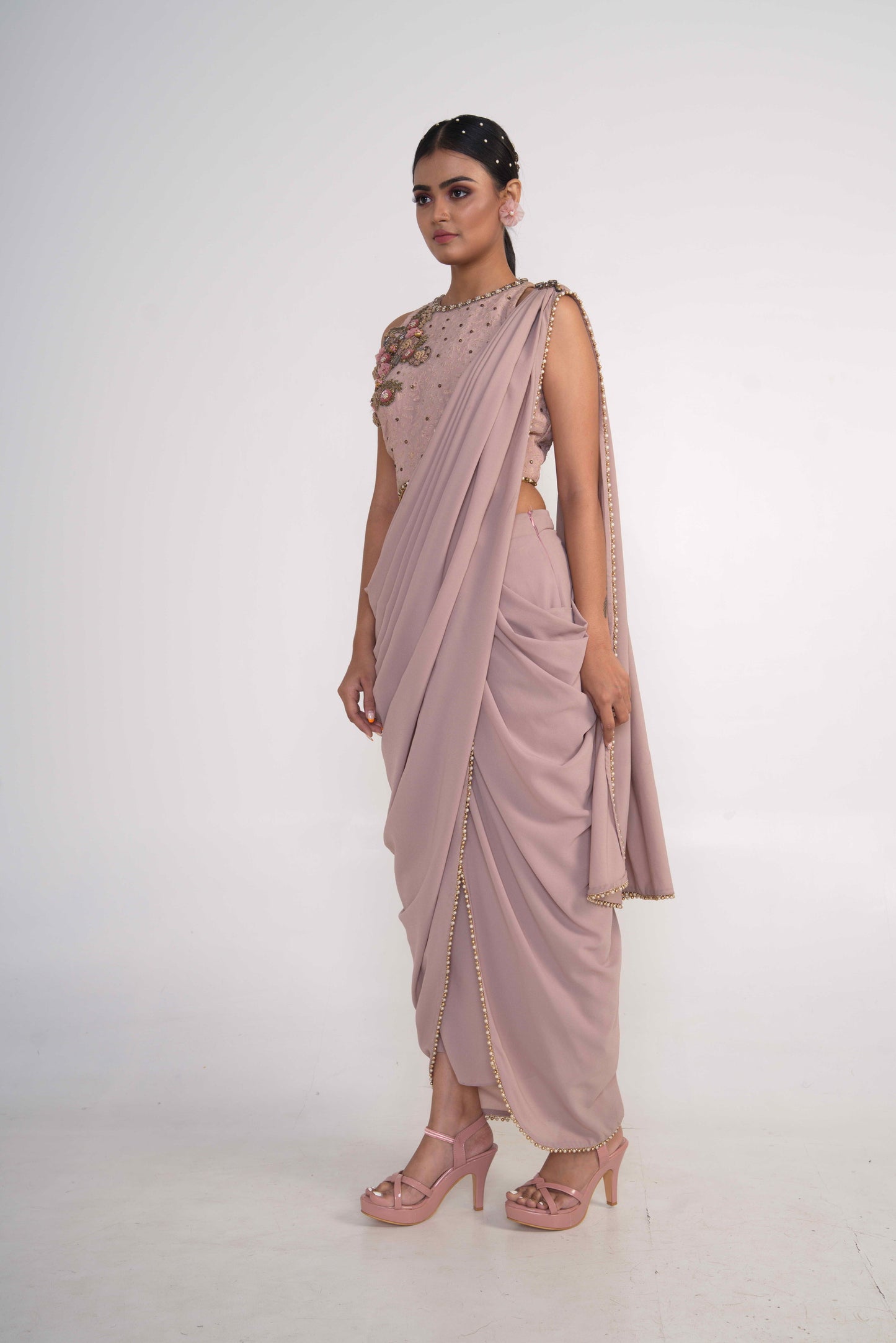 Oyster pre-Drape saree with halter blouse set
