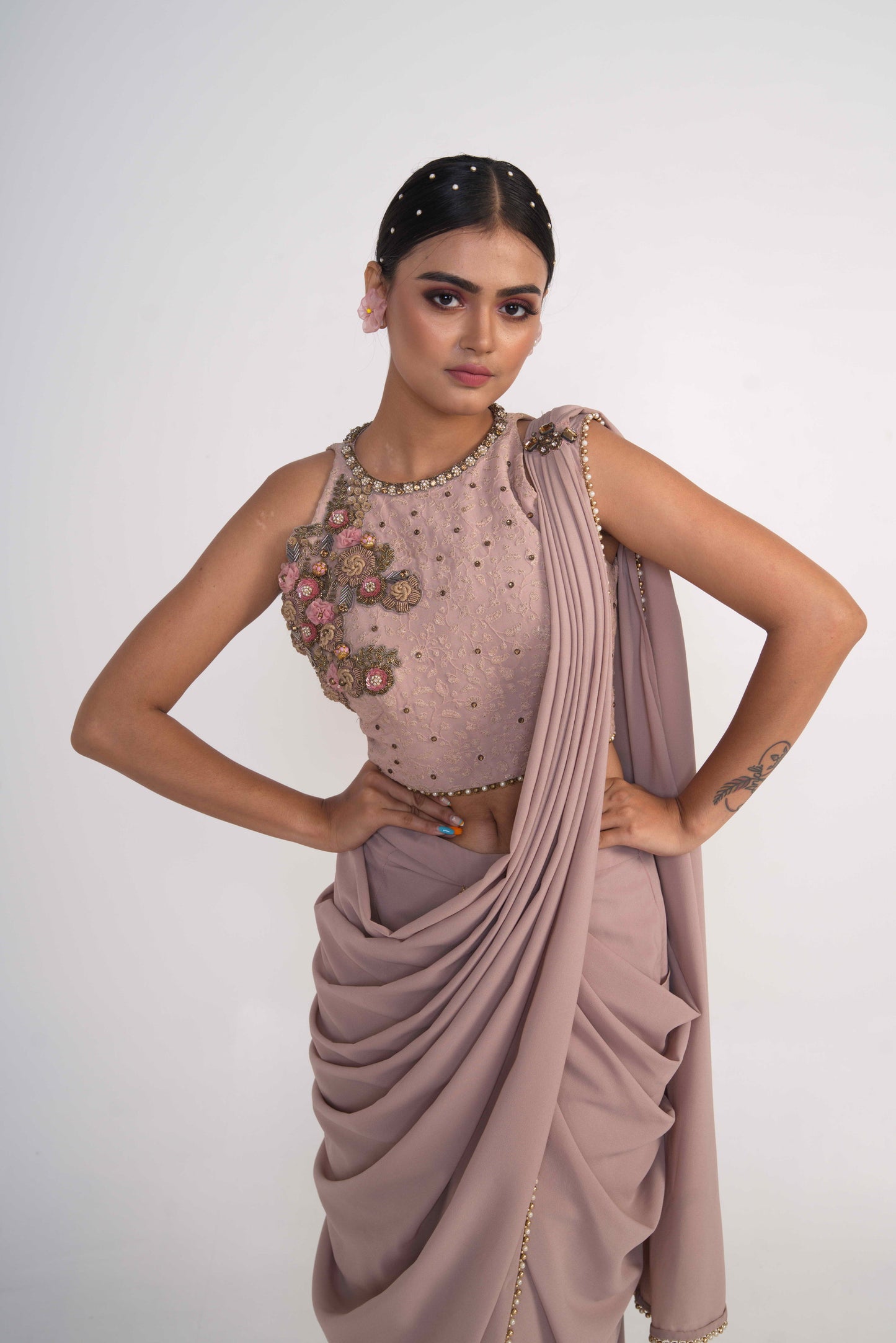 Oyster pre-Drape saree with halter blouse set