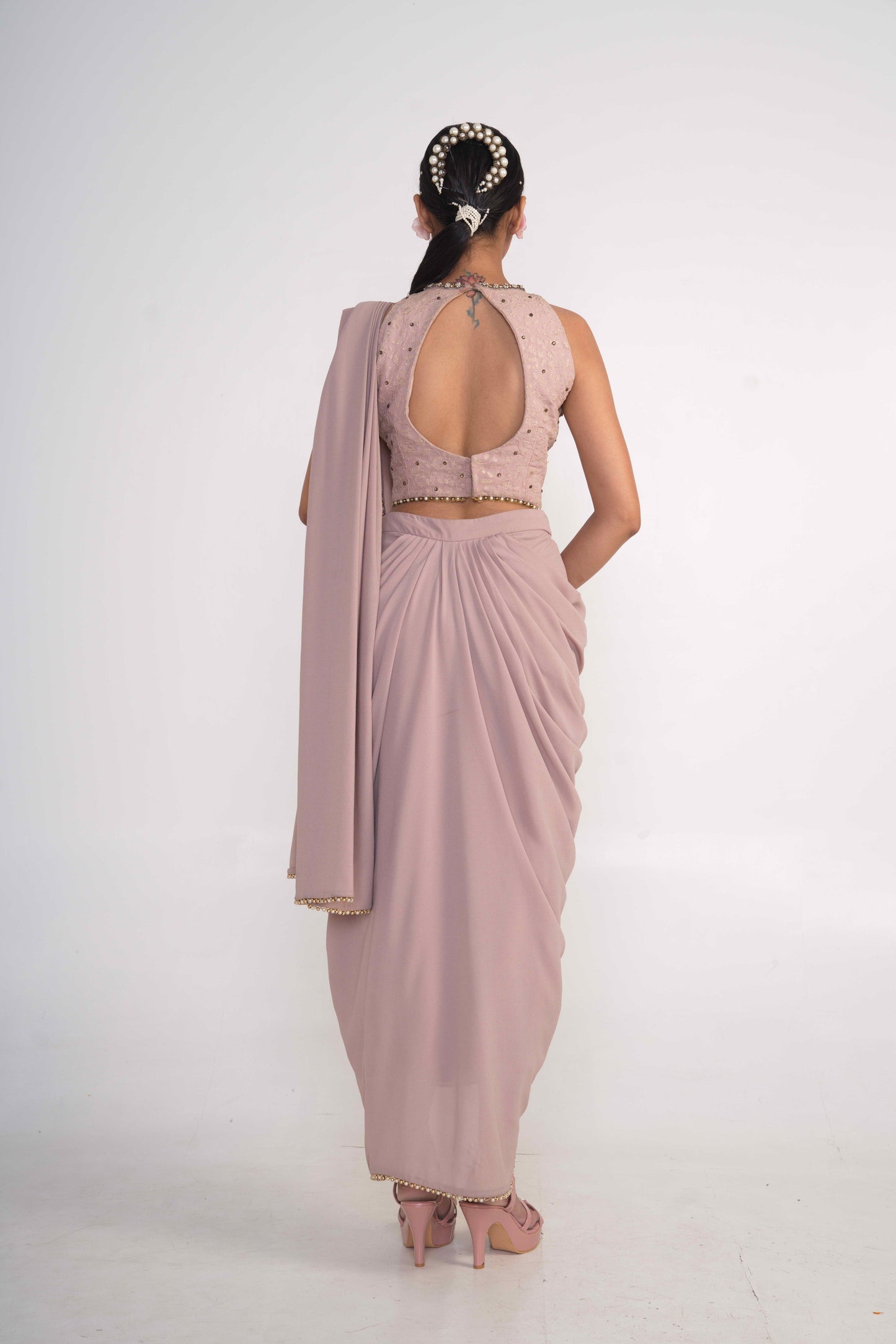 Oyster pre-Drape saree with halter blouse set