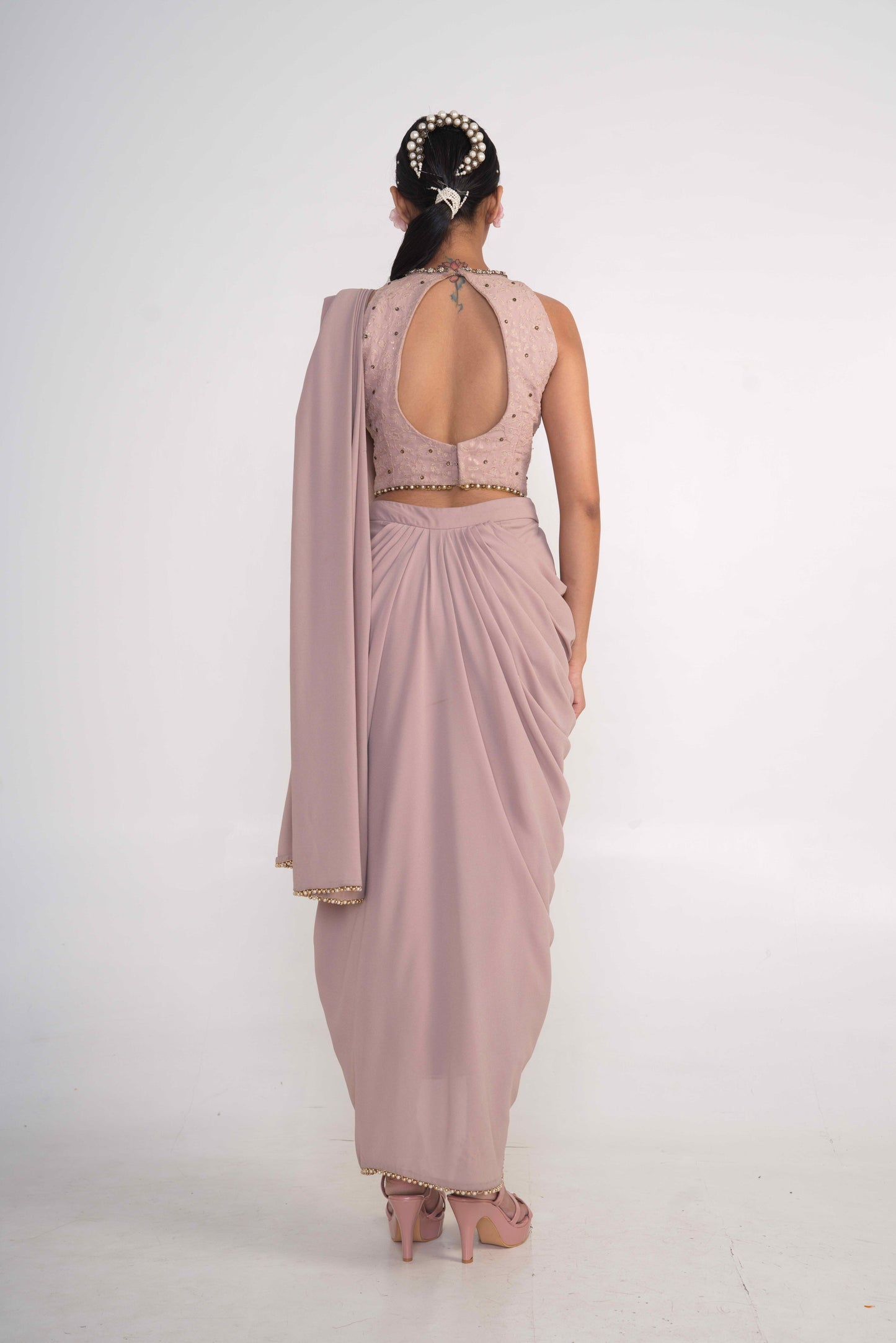 Oyster pre-Drape saree with halter blouse set