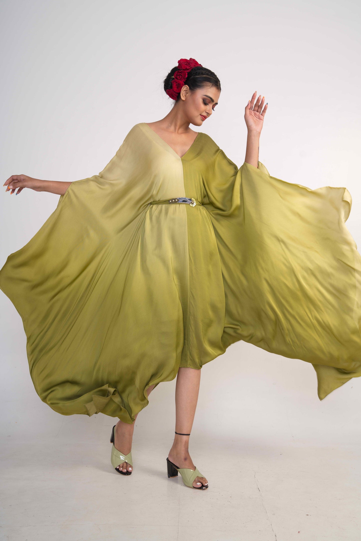 Olive Green Ombre Kaftan with Belt