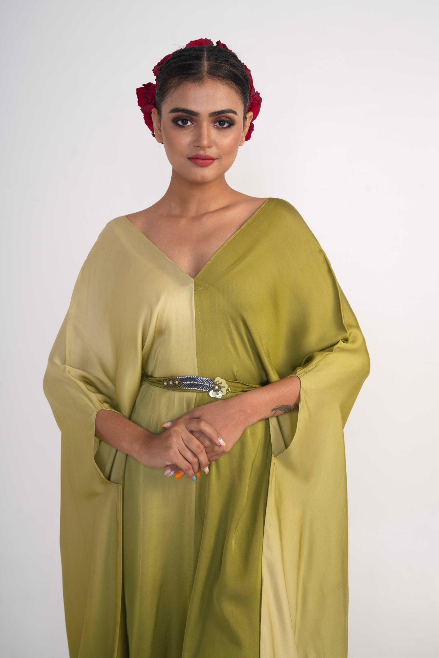 Olive Green Ombre Kaftan with Belt