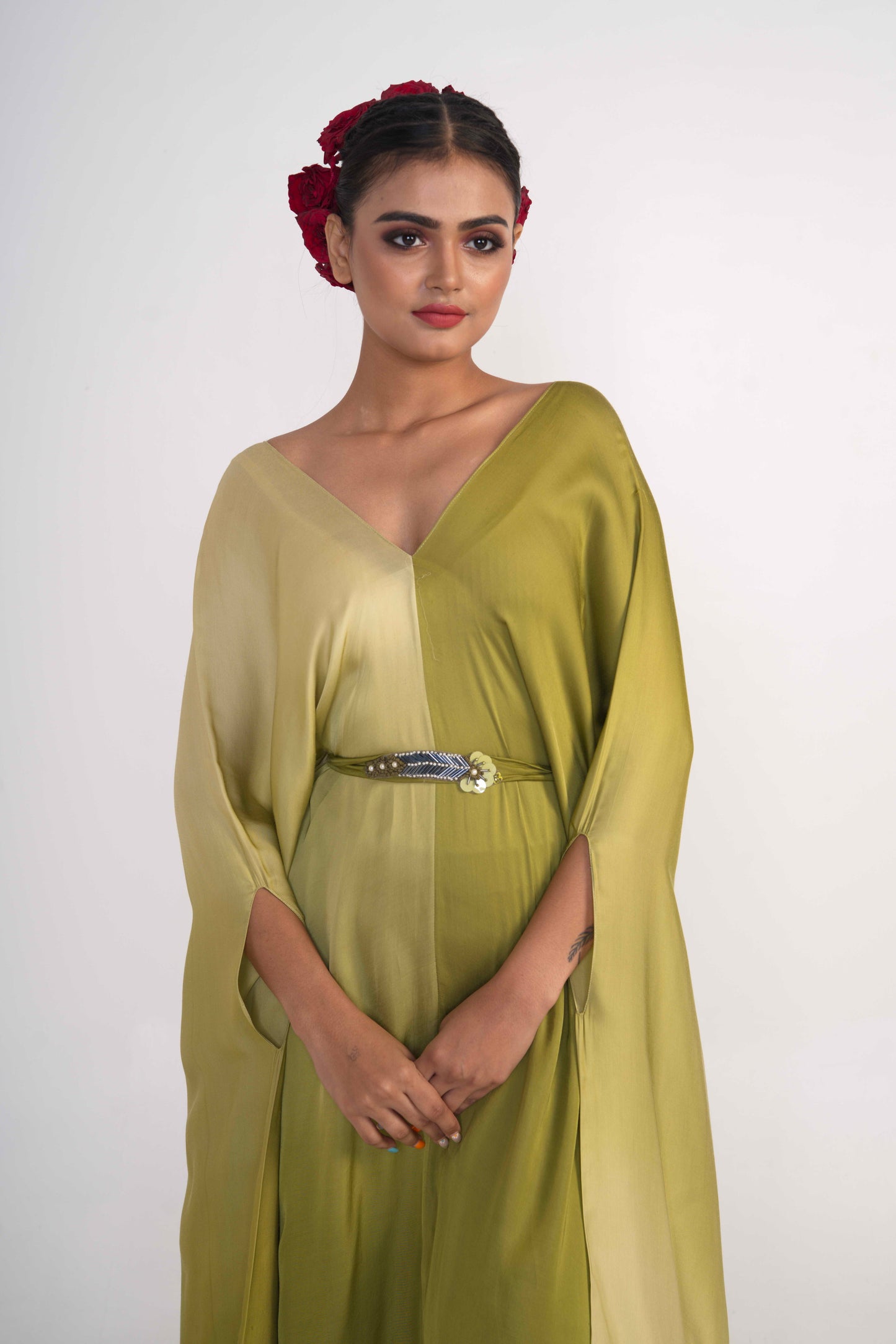 Olive Green Ombre Kaftan with Belt