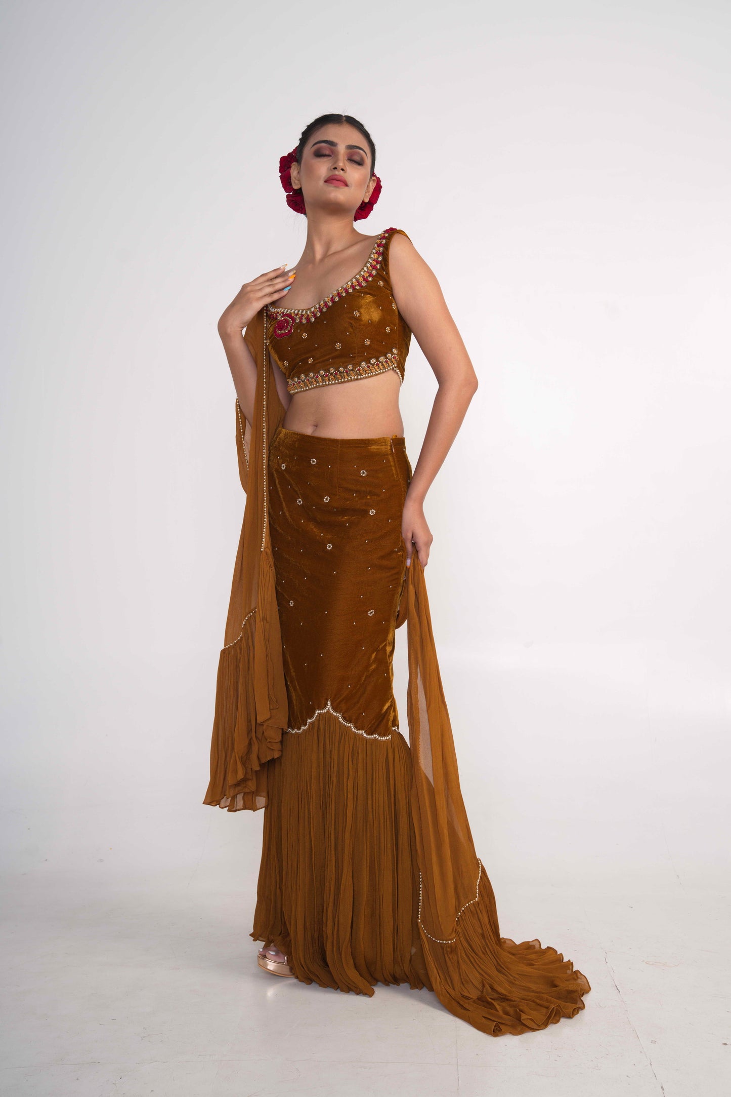 Ochre Velvet skirt Set