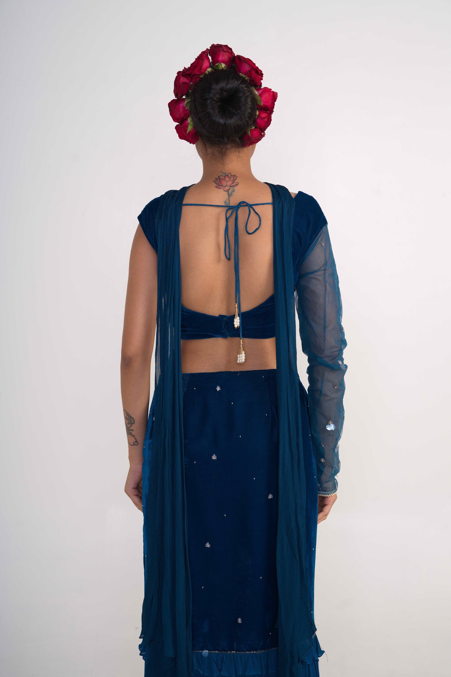 Royal Blue Velvet Fish-cut skirt Set
