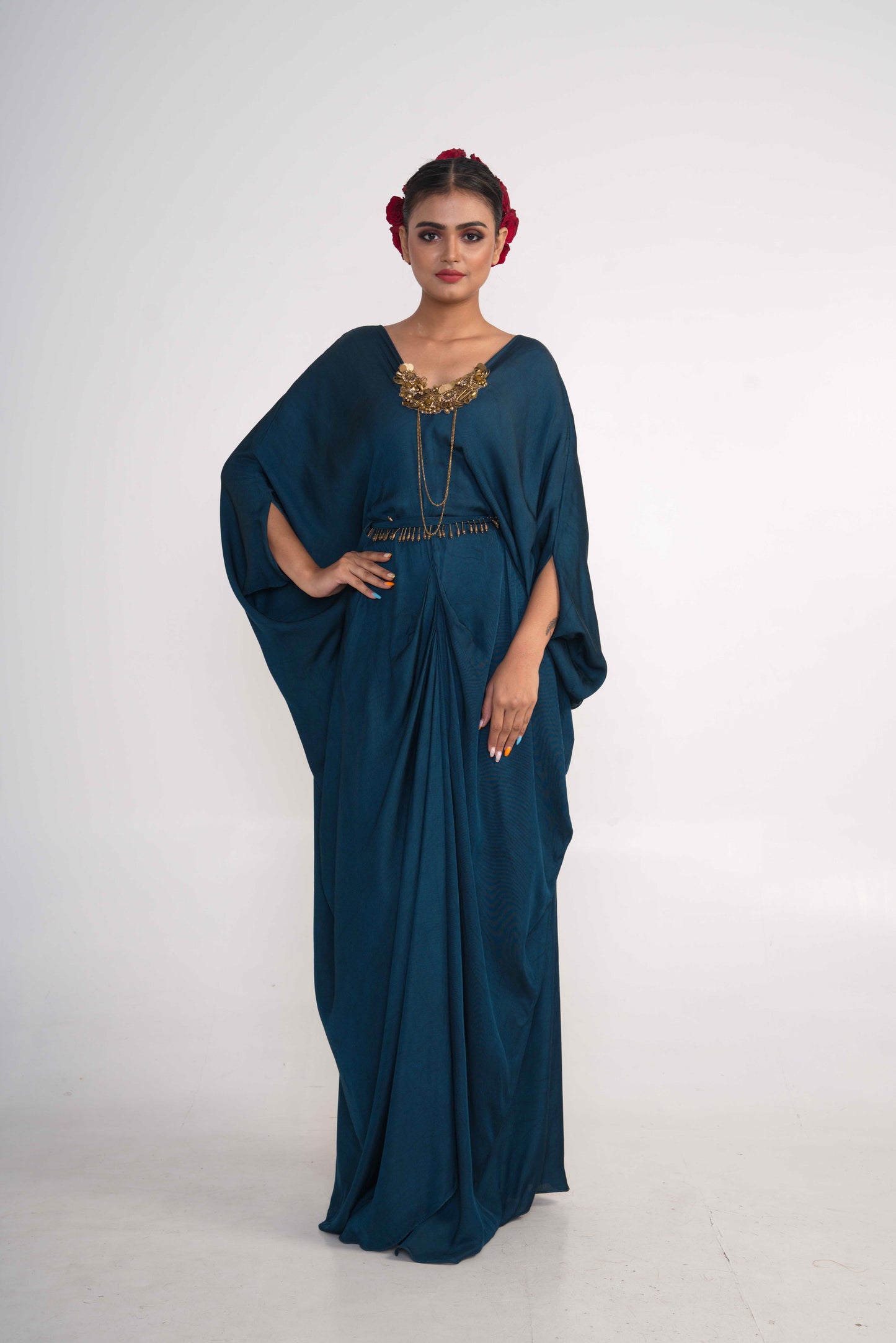 Teal Blue Kaftan With Belt