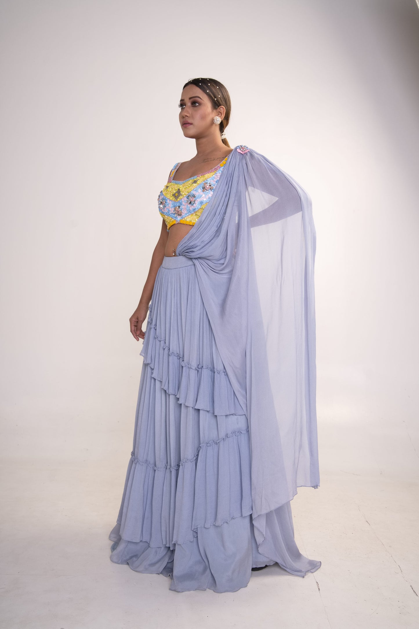 Ice Blue Lehenga Set with pre drape dupatta