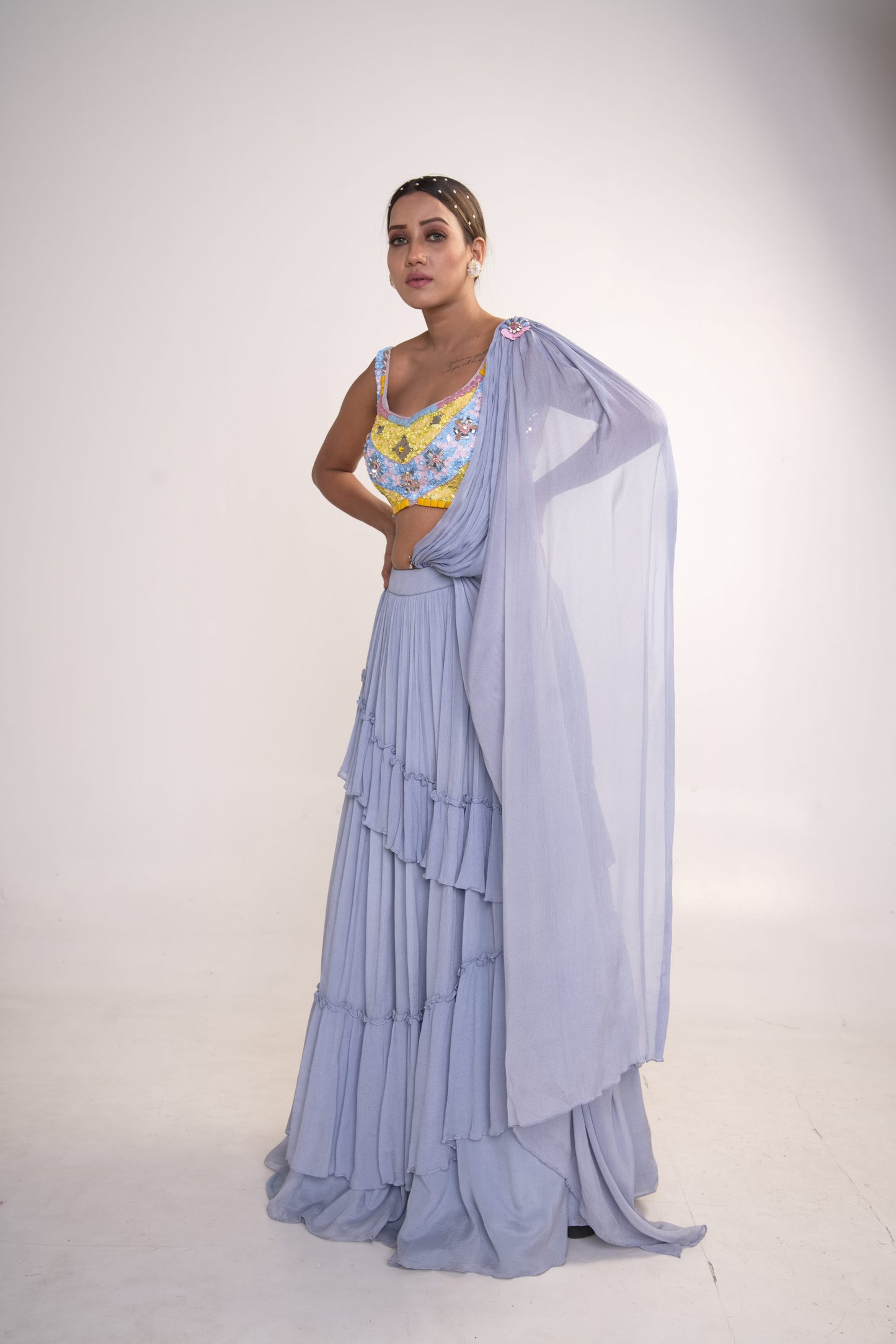 Ice Blue Lehenga Set with pre drape dupatta