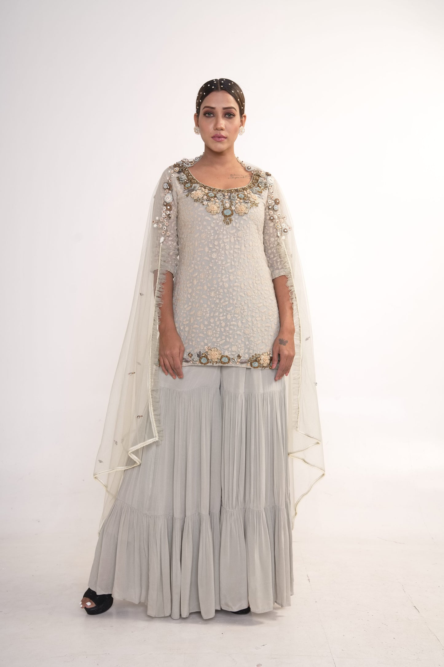 Powder Blue Sharara Suit With Net Dupatta