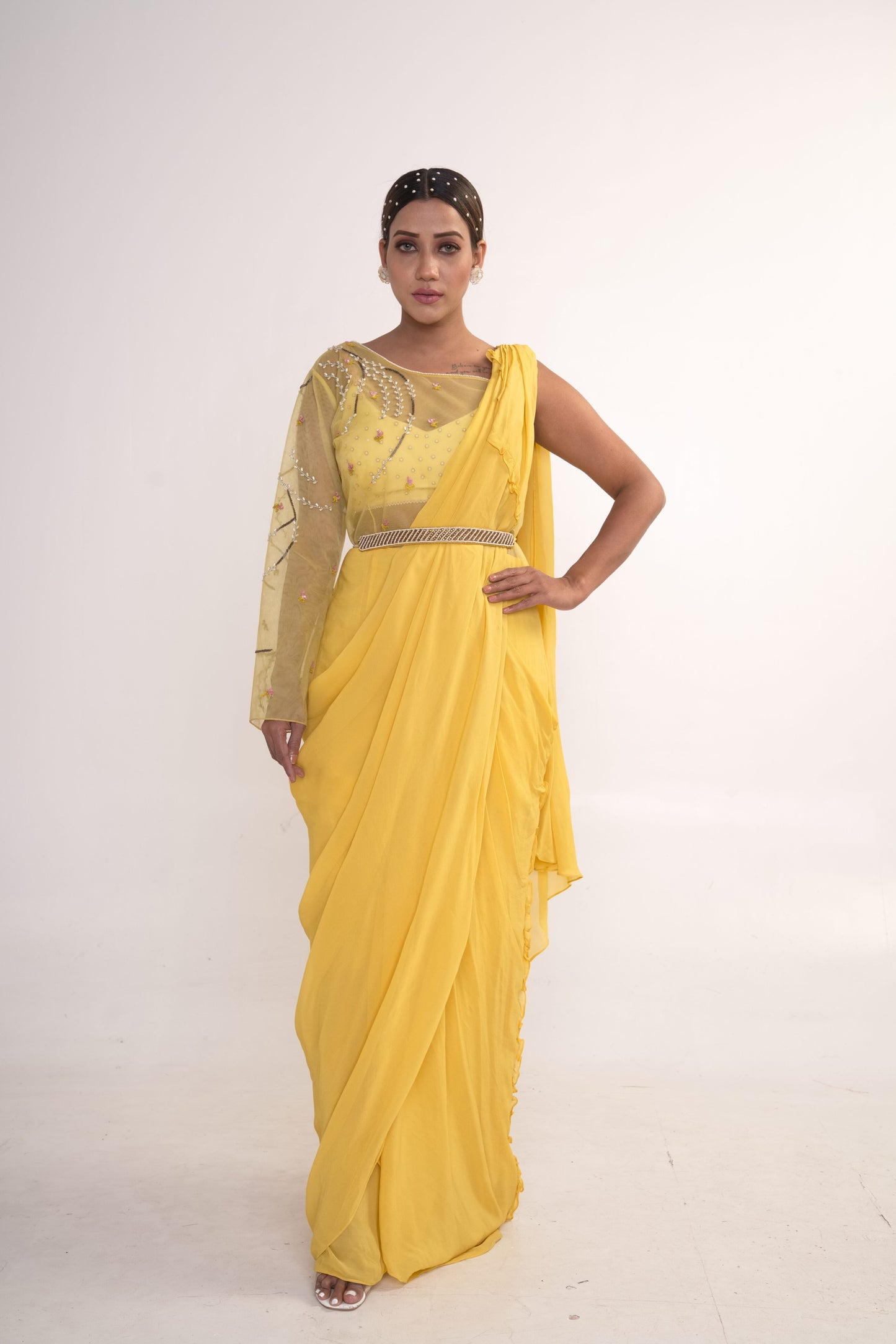Yellow Pre-Draped Saree with Belt