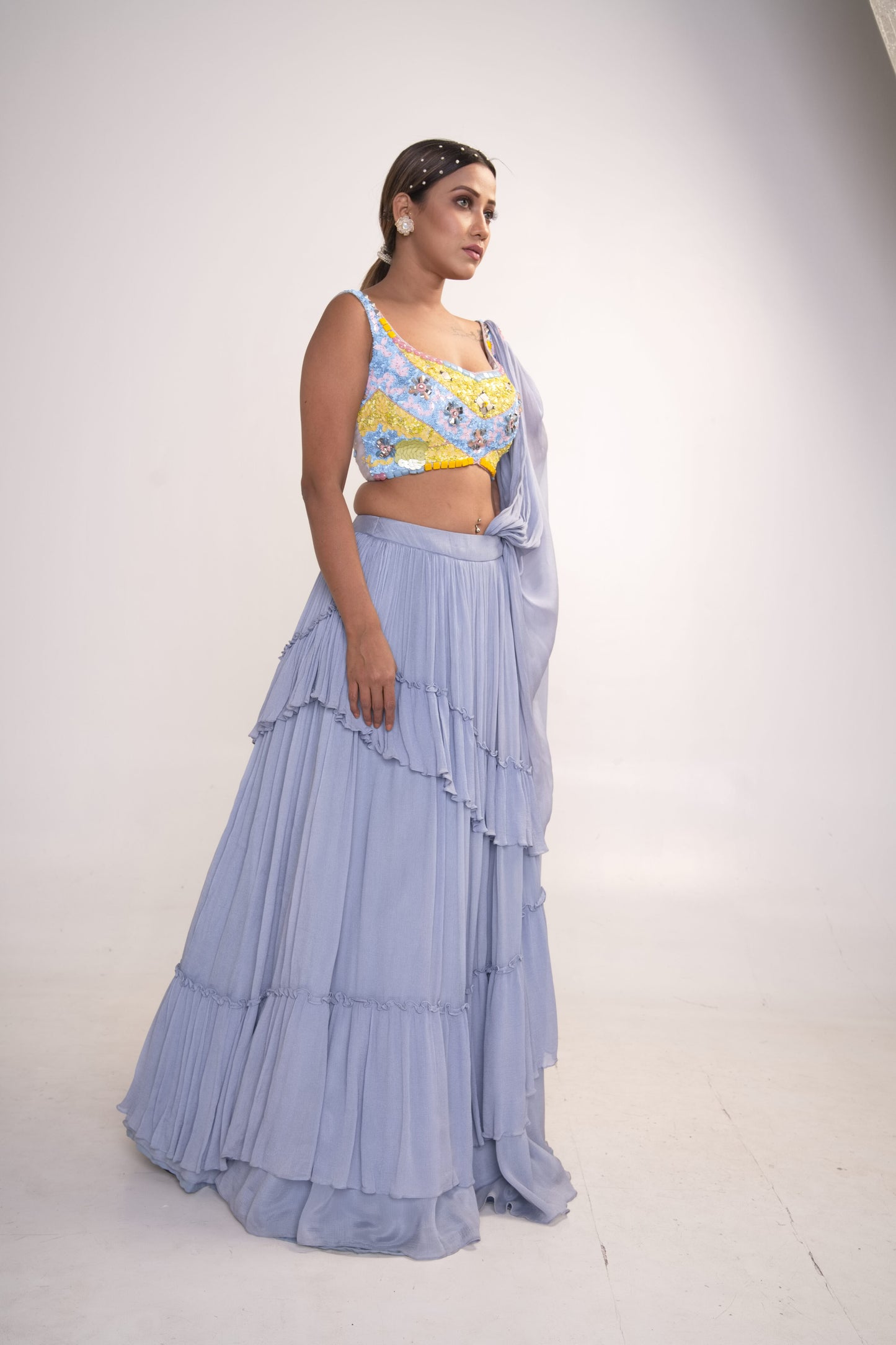 Ice Blue Lehenga Set with pre drape dupatta