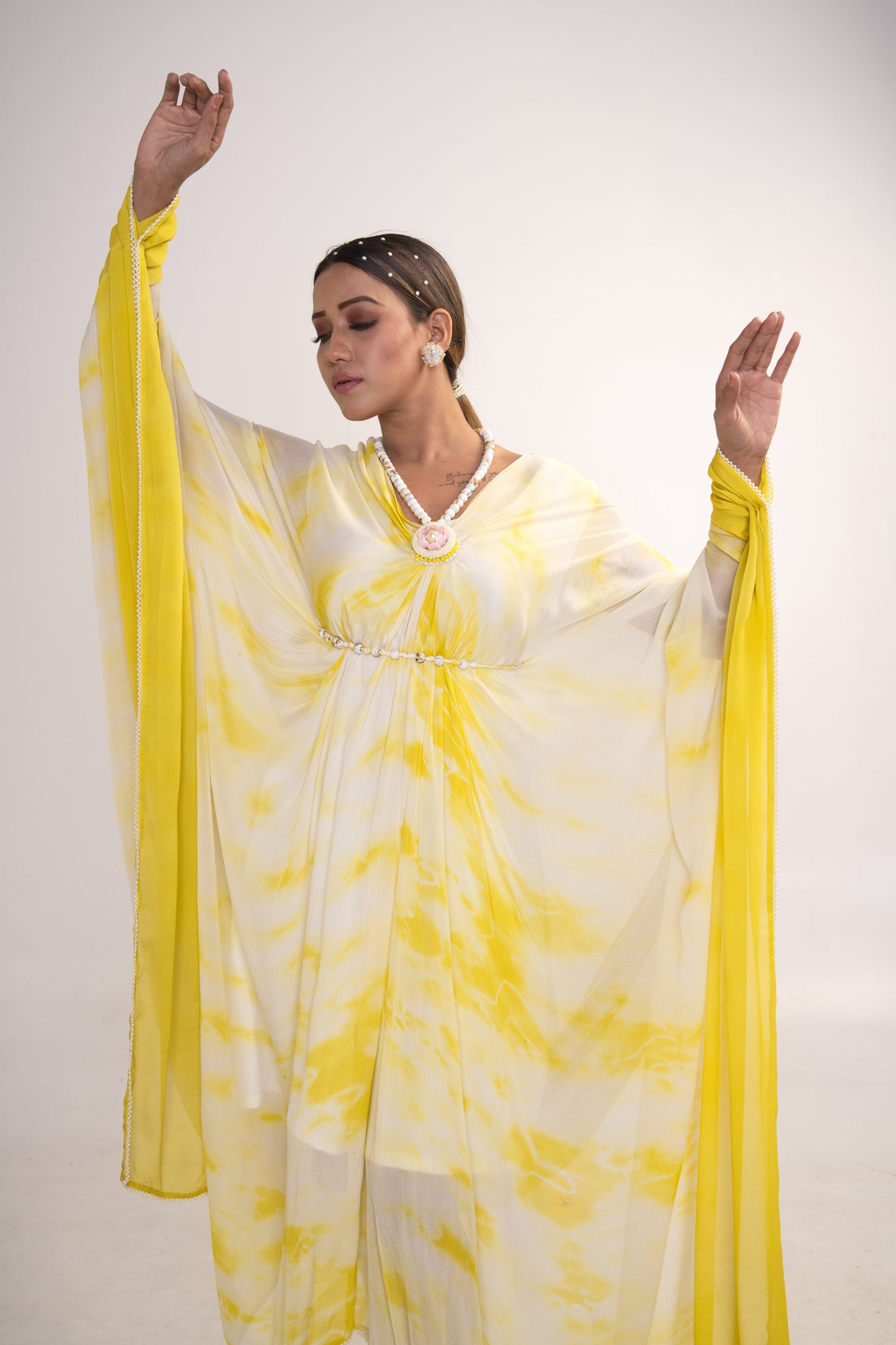 Yellow Tie-Dye Kaftan With Belt