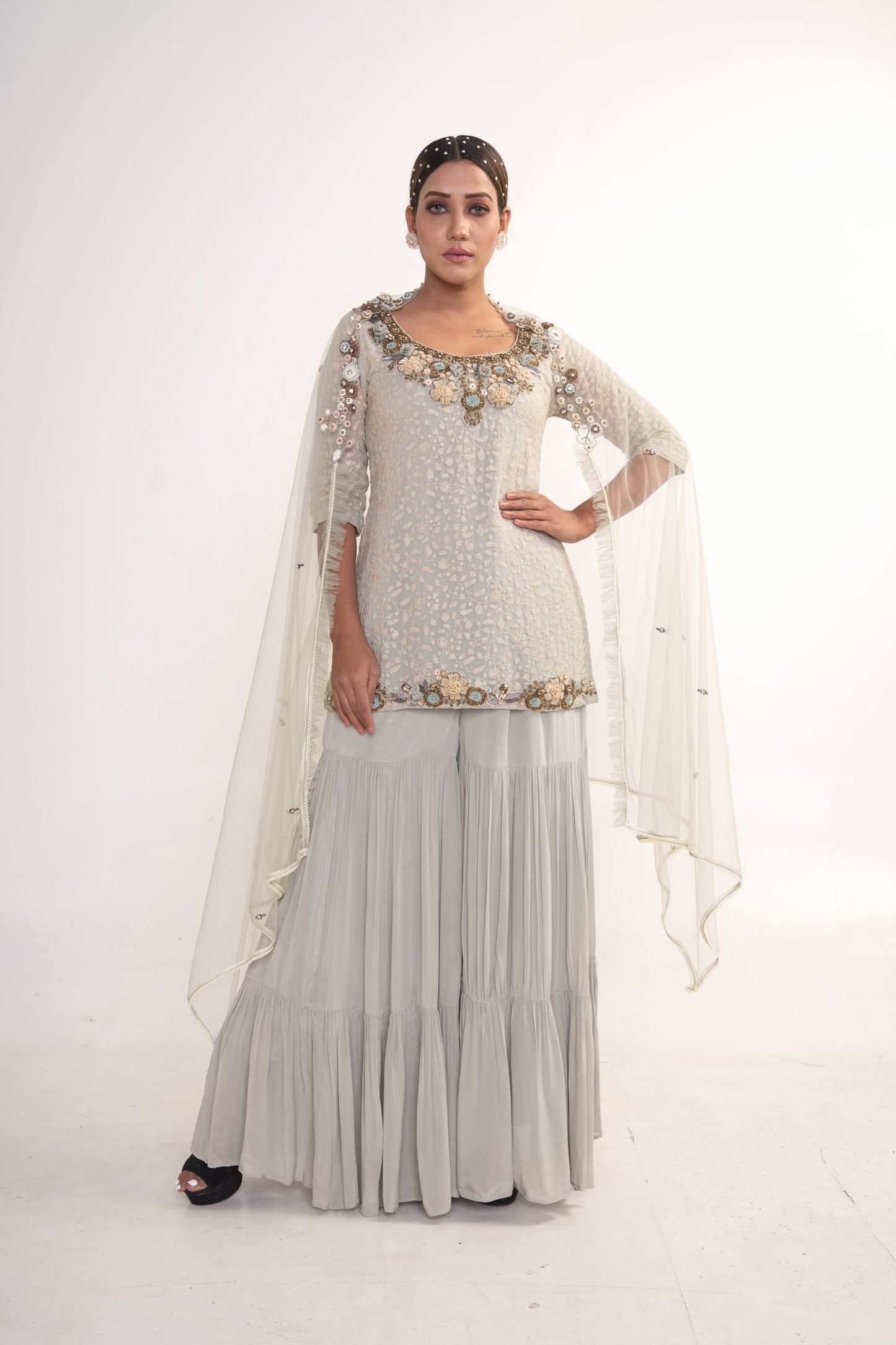 Powder Blue Sharara Suit With Net Dupatta