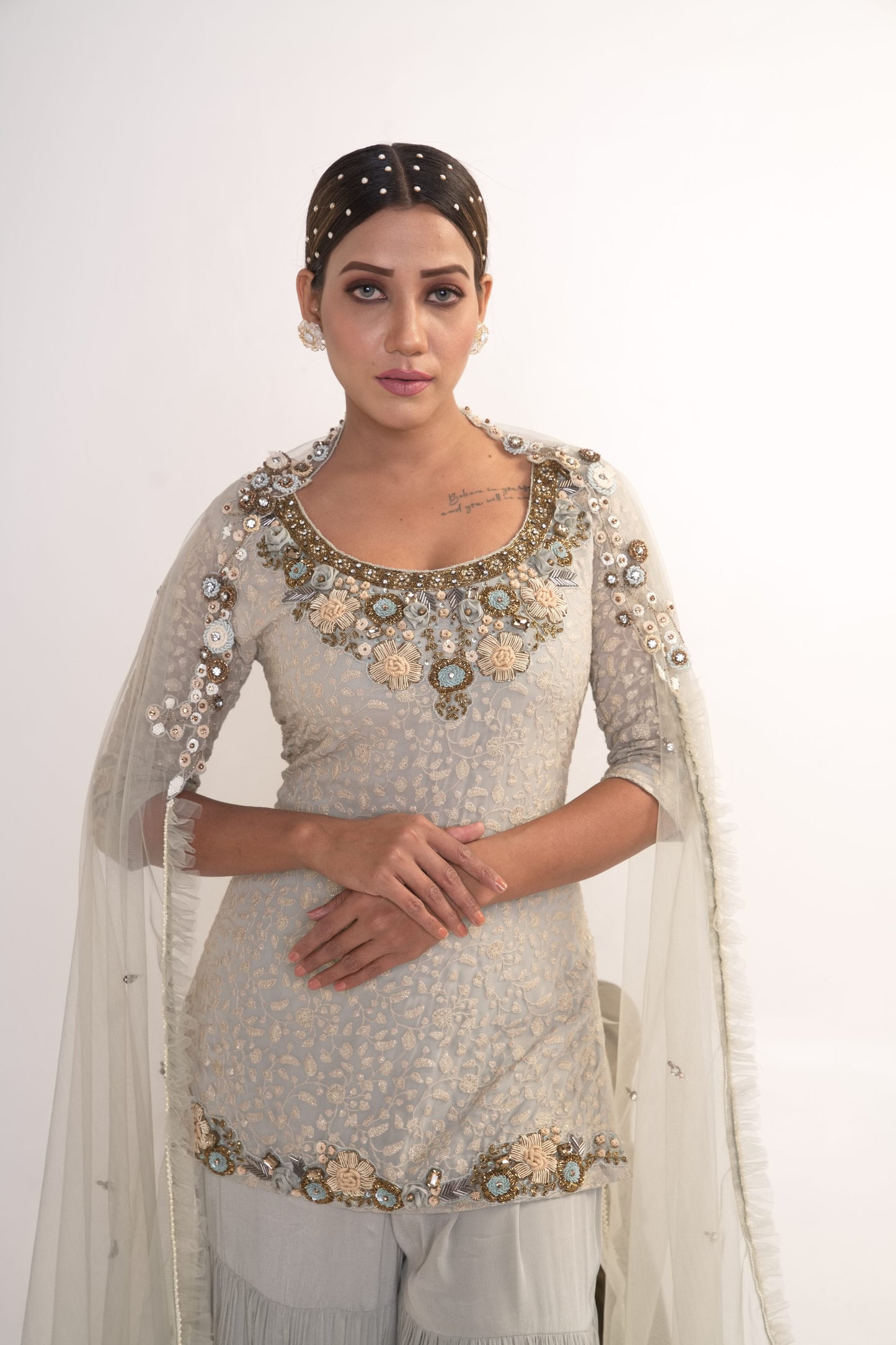 Powder Blue Sharara Suit With Net Dupatta