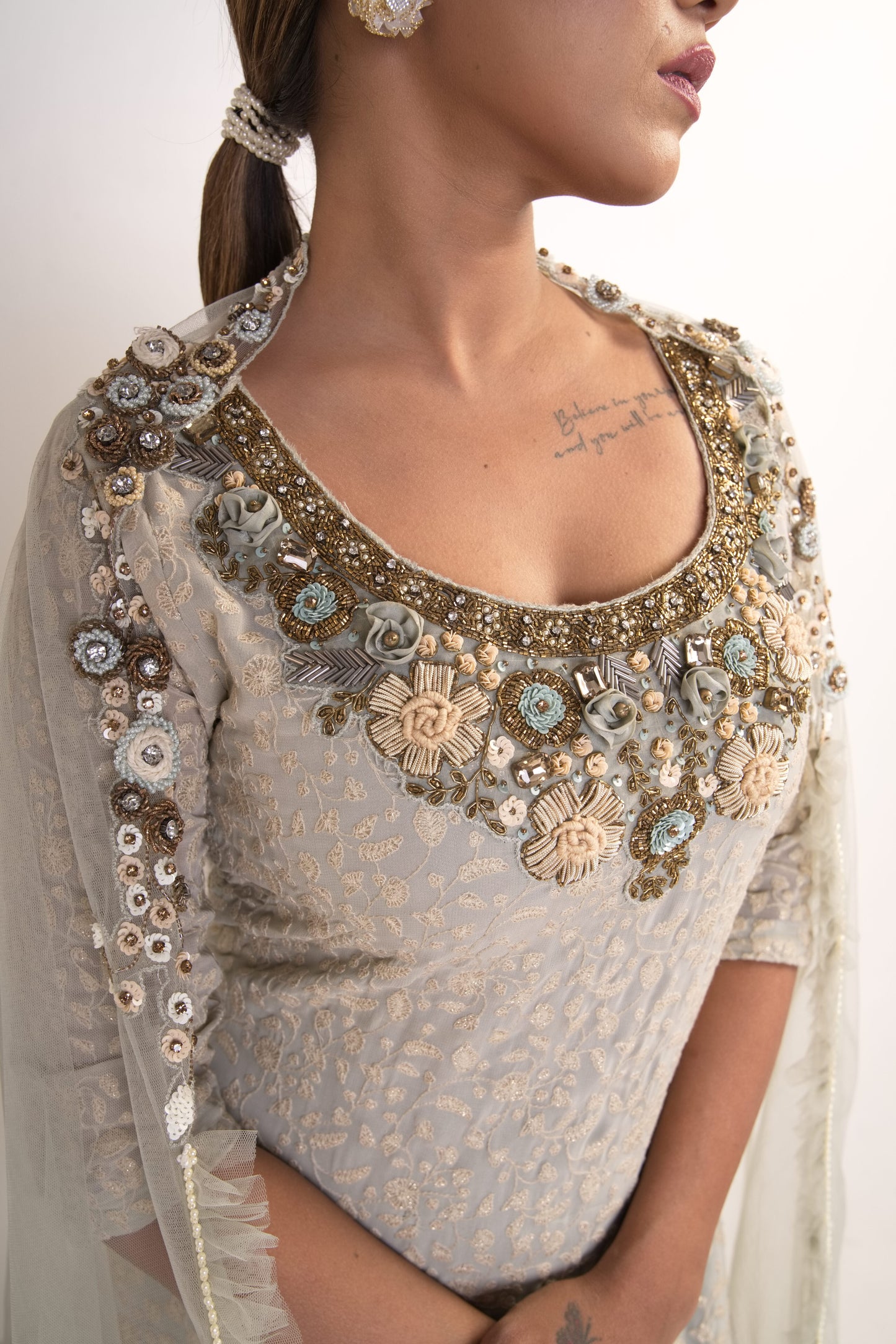 Powder Blue Sharara Suit With Net Dupatta