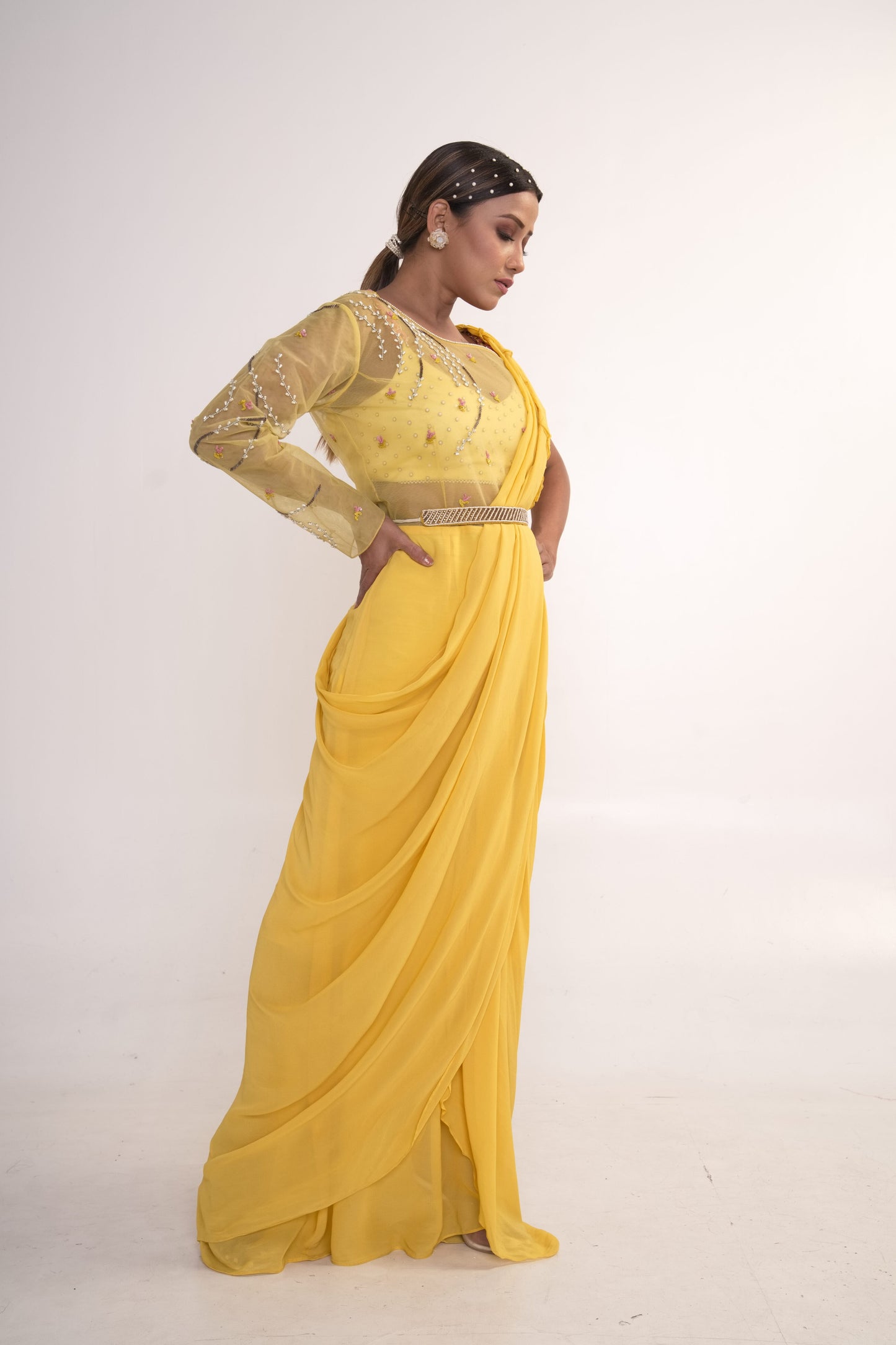 Yellow Pre-Draped Saree with Belt