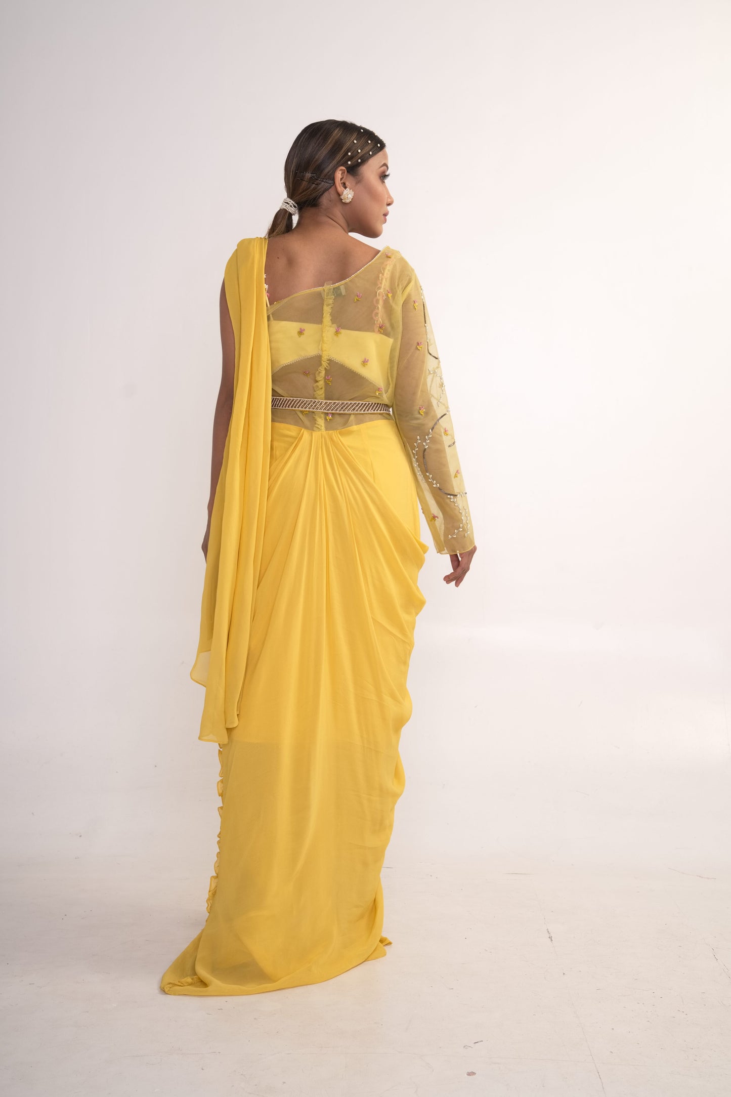 Yellow Pre-Draped Saree with Belt