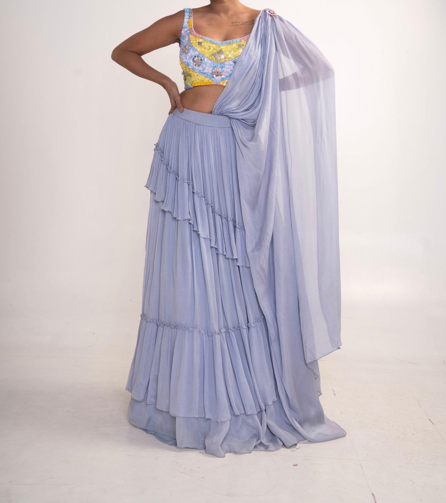 Ice Blue Lehenga Set with pre drape dupatta