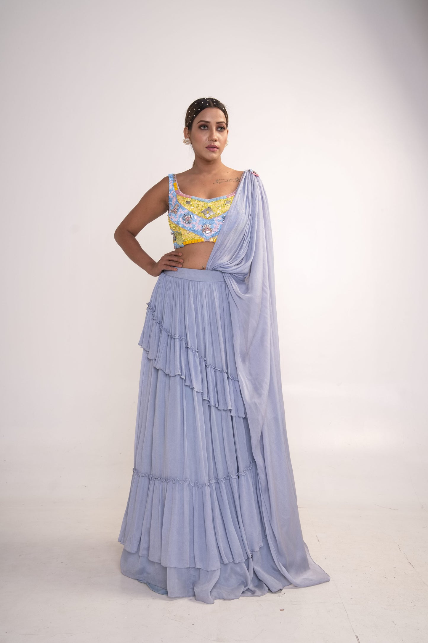 Ice Blue Lehenga Set with pre drape dupatta
