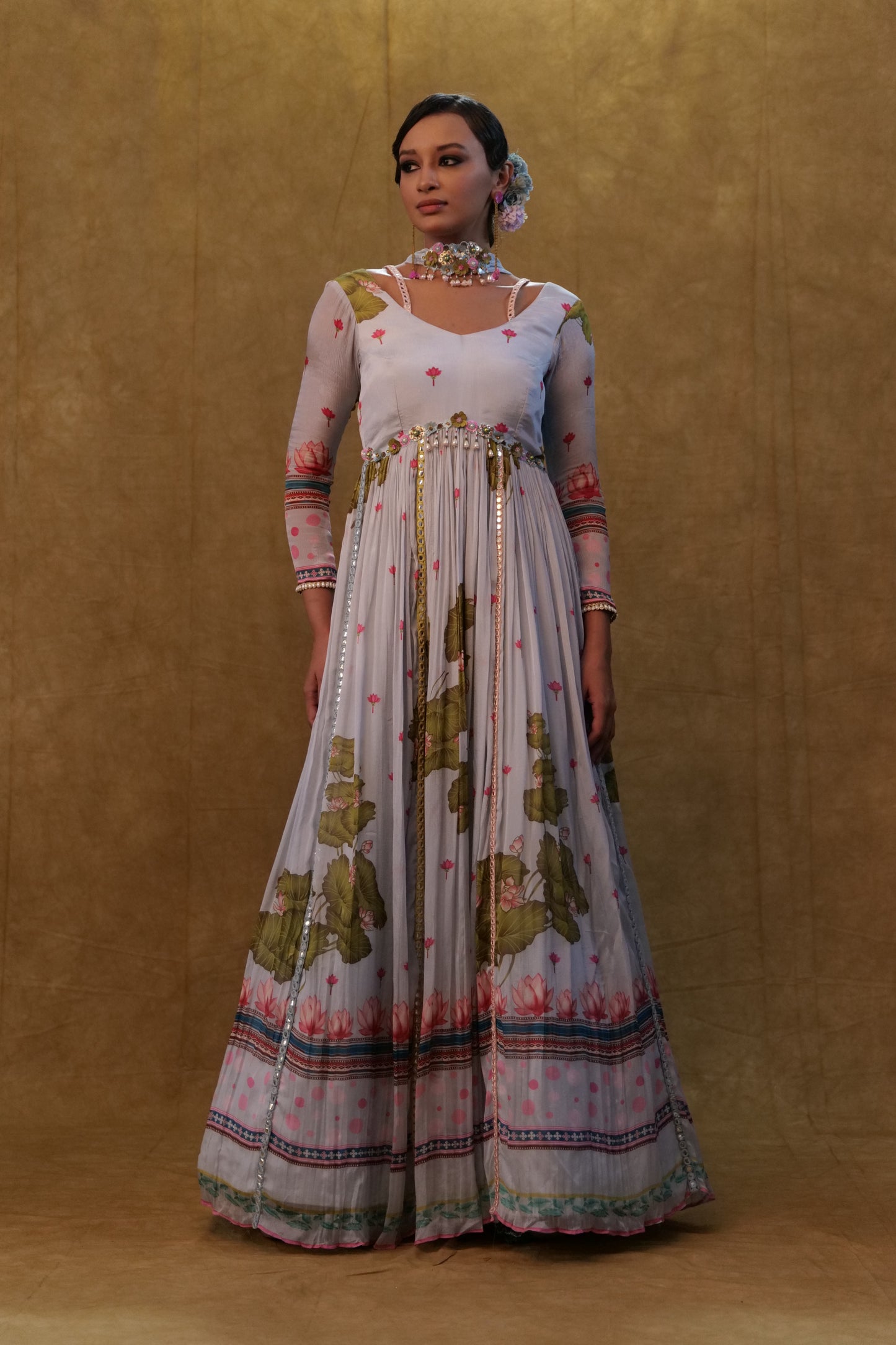 Light Grey Printed floor length ankarkali paired with small neck dupatta