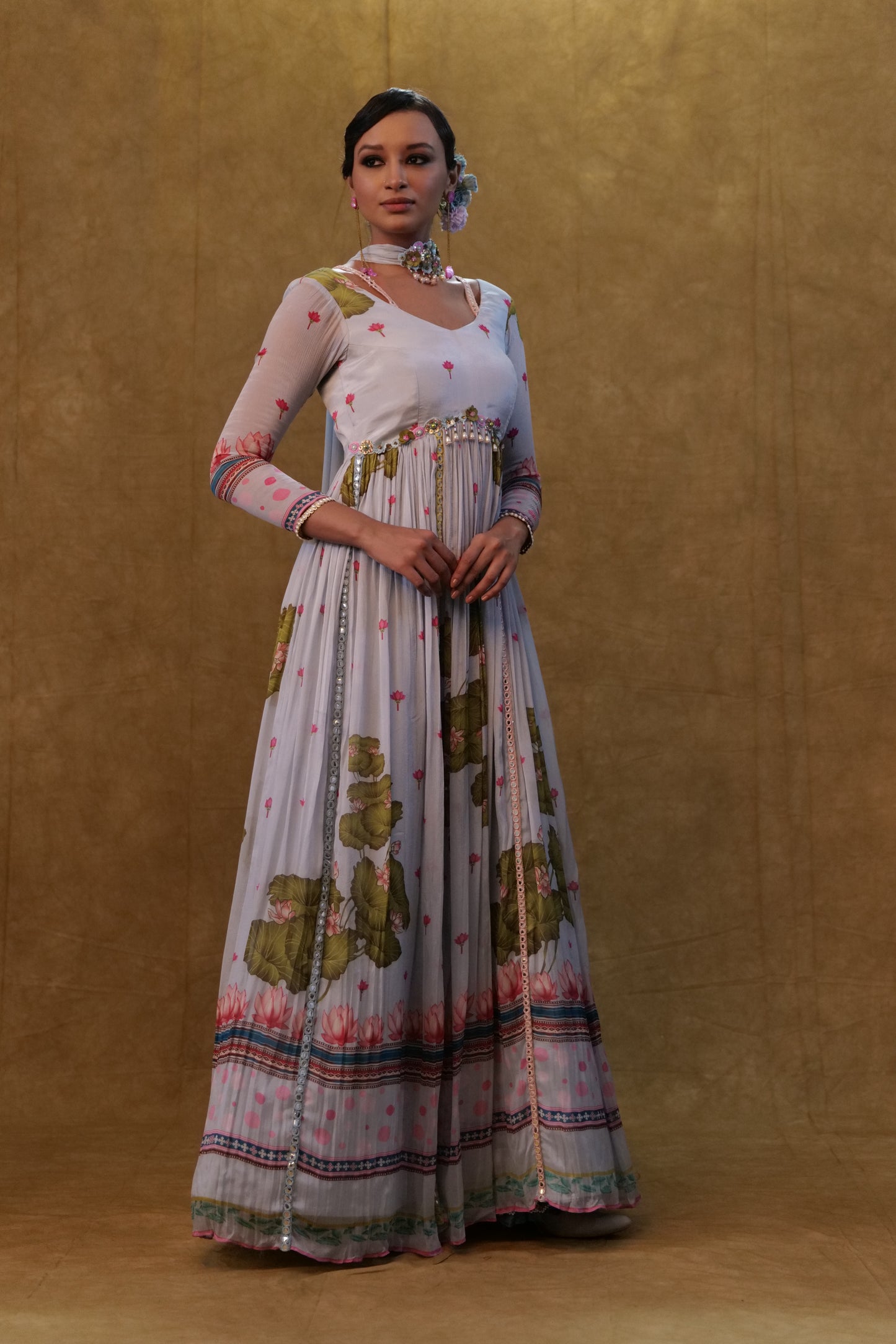 Light Grey Printed floor length ankarkali paired with small neck dupatta