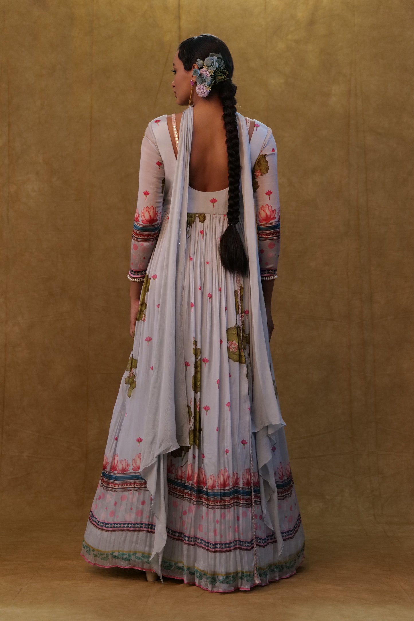Light Grey Printed floor length ankarkali paired with small neck dupatta