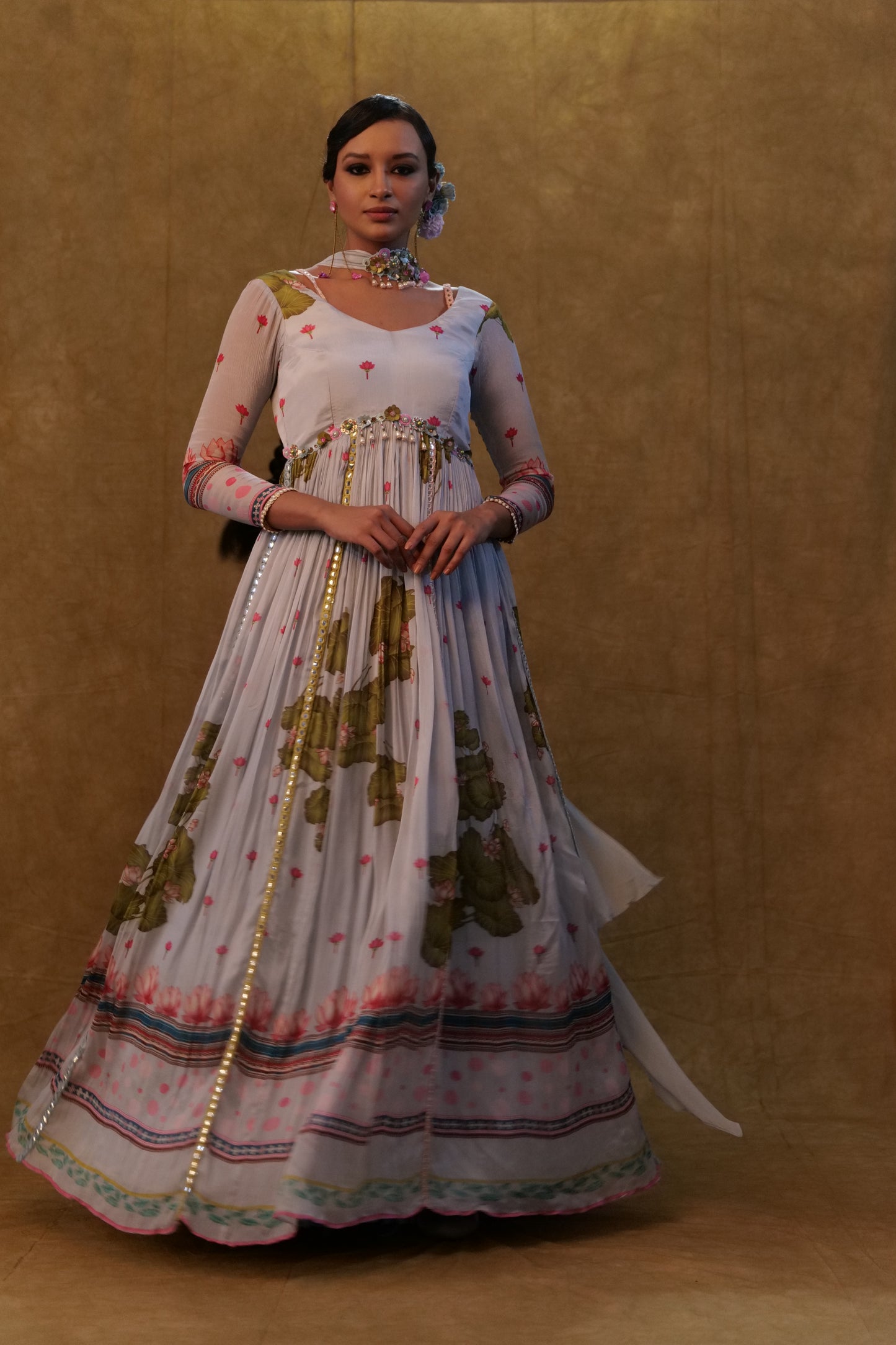 Light Grey Printed floor length ankarkali paired with small neck dupatta