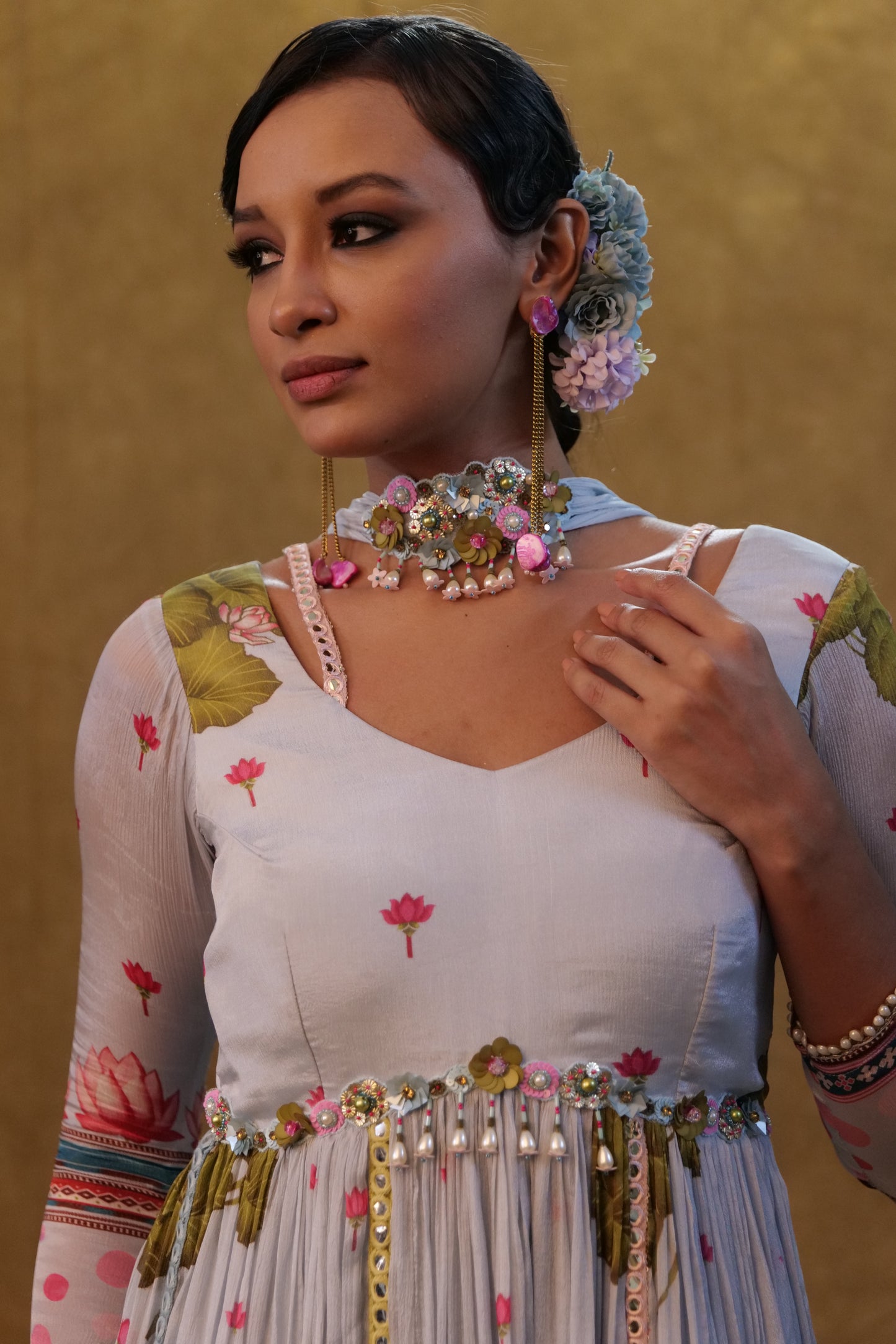 Light Grey Printed floor length ankarkali paired with small neck dupatta